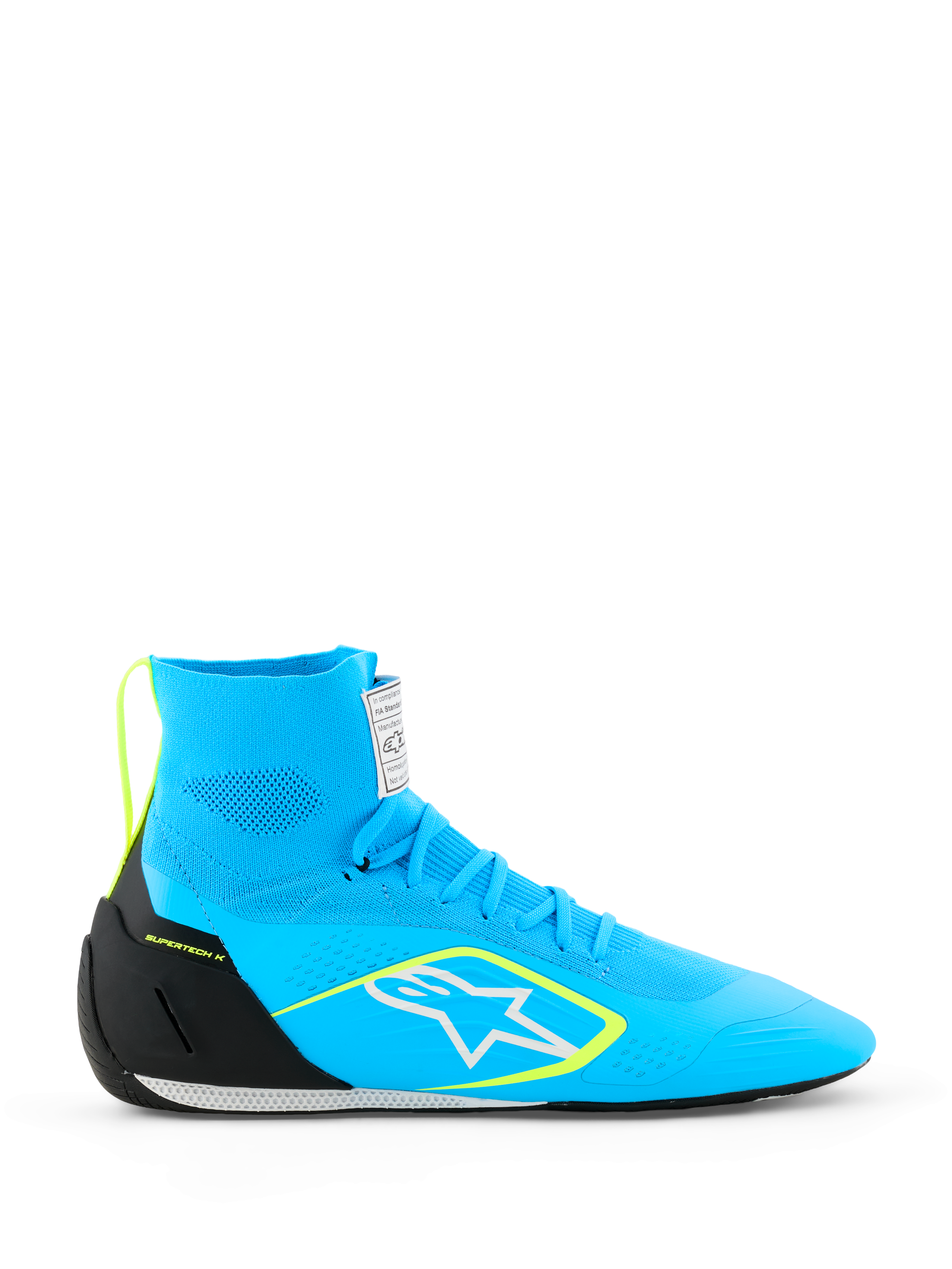 Alpinestars Supertech K Shoes FIA, scarpe da karting, azzurro con accenti nero e giallo fluo, design high-top con tomaia interamente in maglia, logo a stella bianco, calzature da corsa professionali
