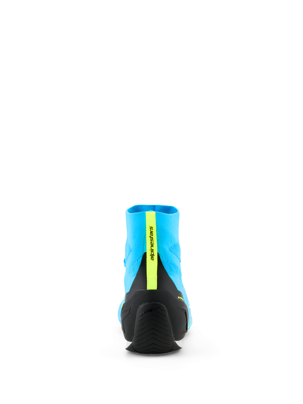 Alpinestars Supertech K Shoes - FIA, scarpe da karting, azzurro e nero con giallo fluo, vista posteriore con contrafforte del tallone in TPU iniettato e striscia verticale giallo fluo con marchio, costruzione della tomaia in maglia leggera