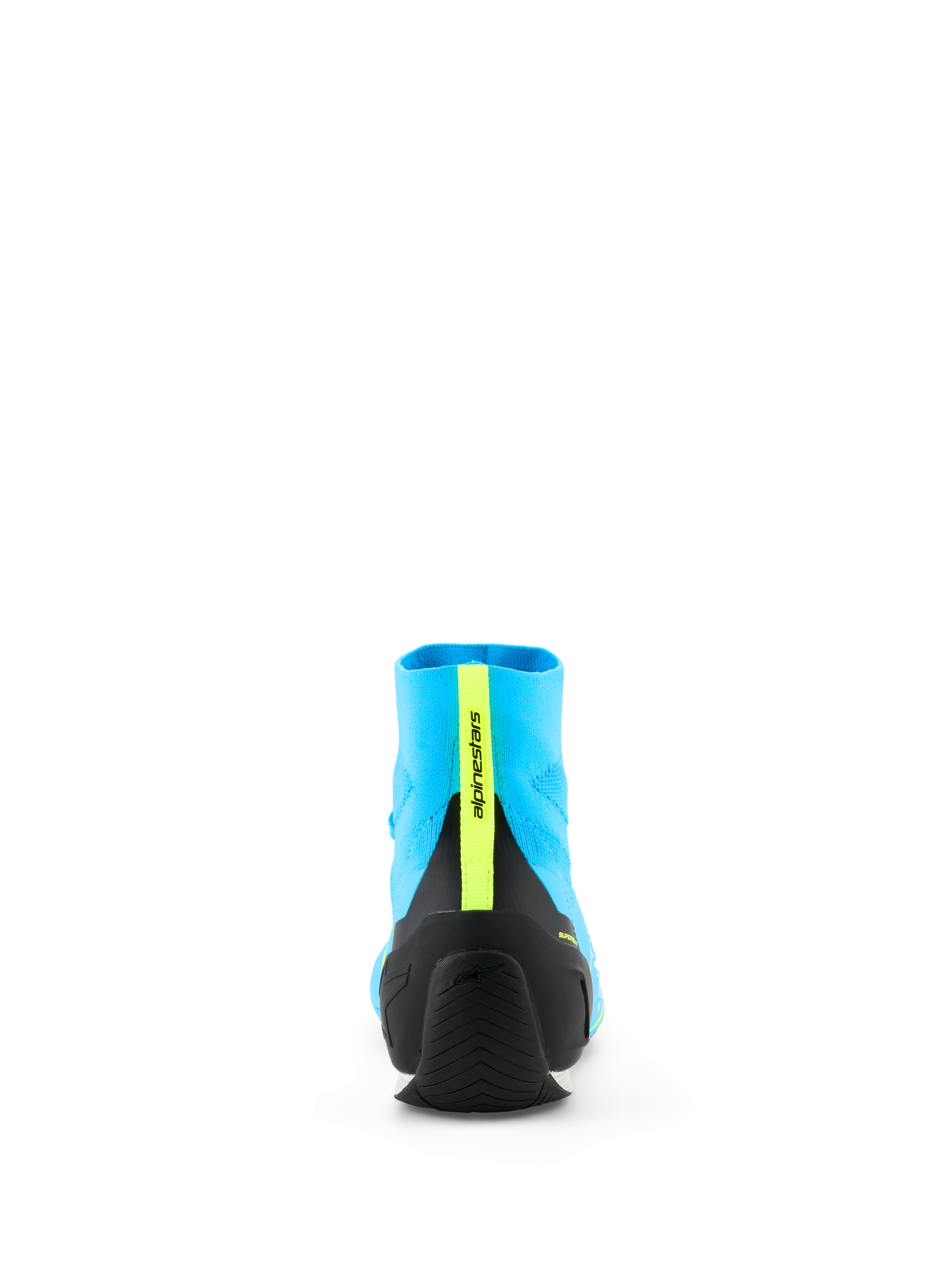 Alpinestars Supertech K Shoes - FIA, scarpe da karting, azzurro e nero con giallo fluo, vista posteriore con contrafforte del tallone in TPU iniettato e striscia verticale giallo fluo con marchio, costruzione della tomaia in maglia leggera