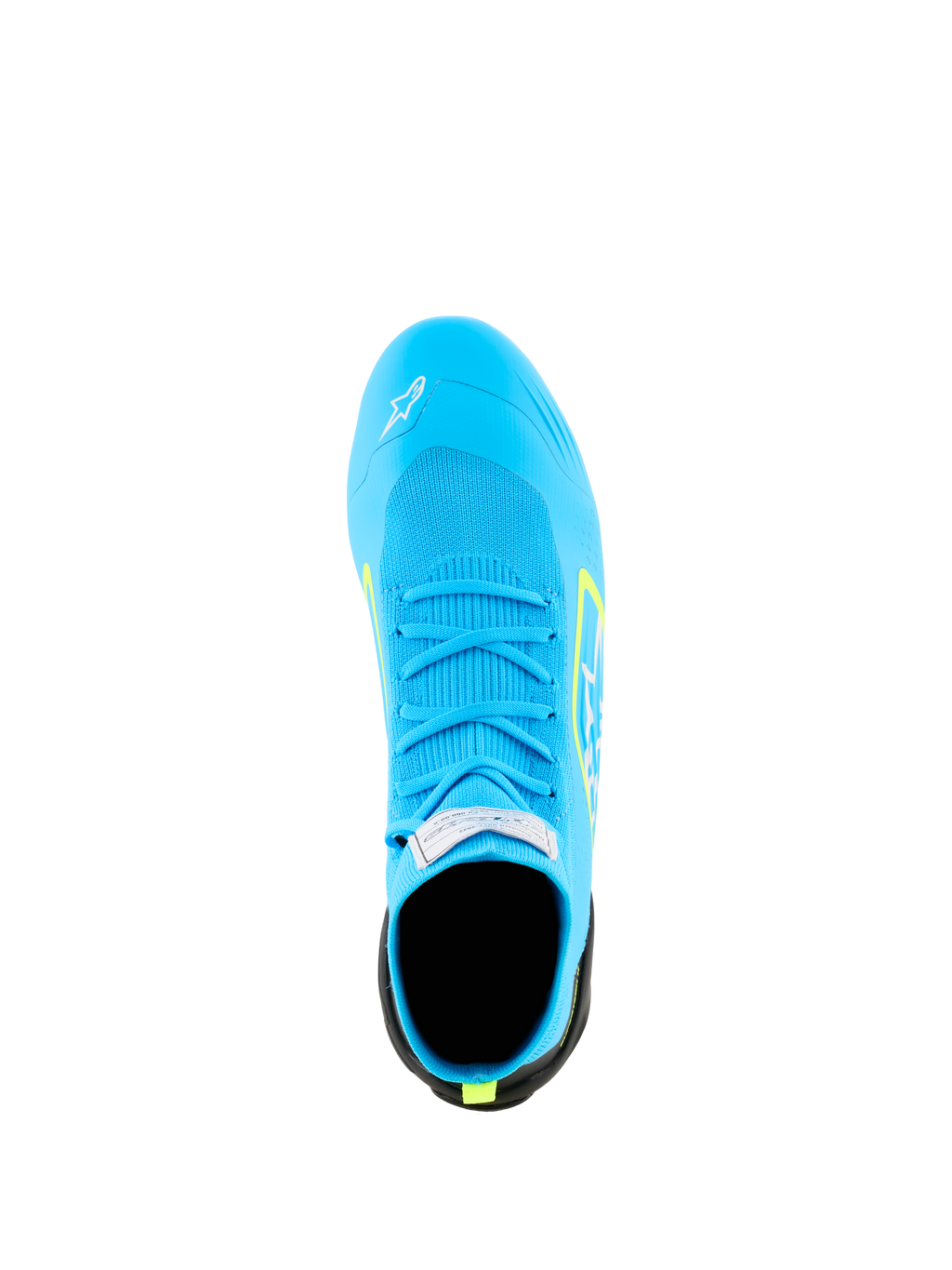 Alpinestars Supertech K Shoes - FIA, scarpe da karting, azzurro con dettagli giallo fluo, vista dall'alto che mostra la tomaia interamente in maglia, lacci blu coordinati ed etichetta di certificazione FIA sulla linguetta