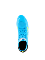 Alpinestars Supertech K Shoes - FIA, scarpe da karting, azzurro con dettagli giallo fluo, vista dall'alto che mostra la tomaia interamente in maglia, lacci blu coordinati ed etichetta di certificazione FIA sulla linguetta