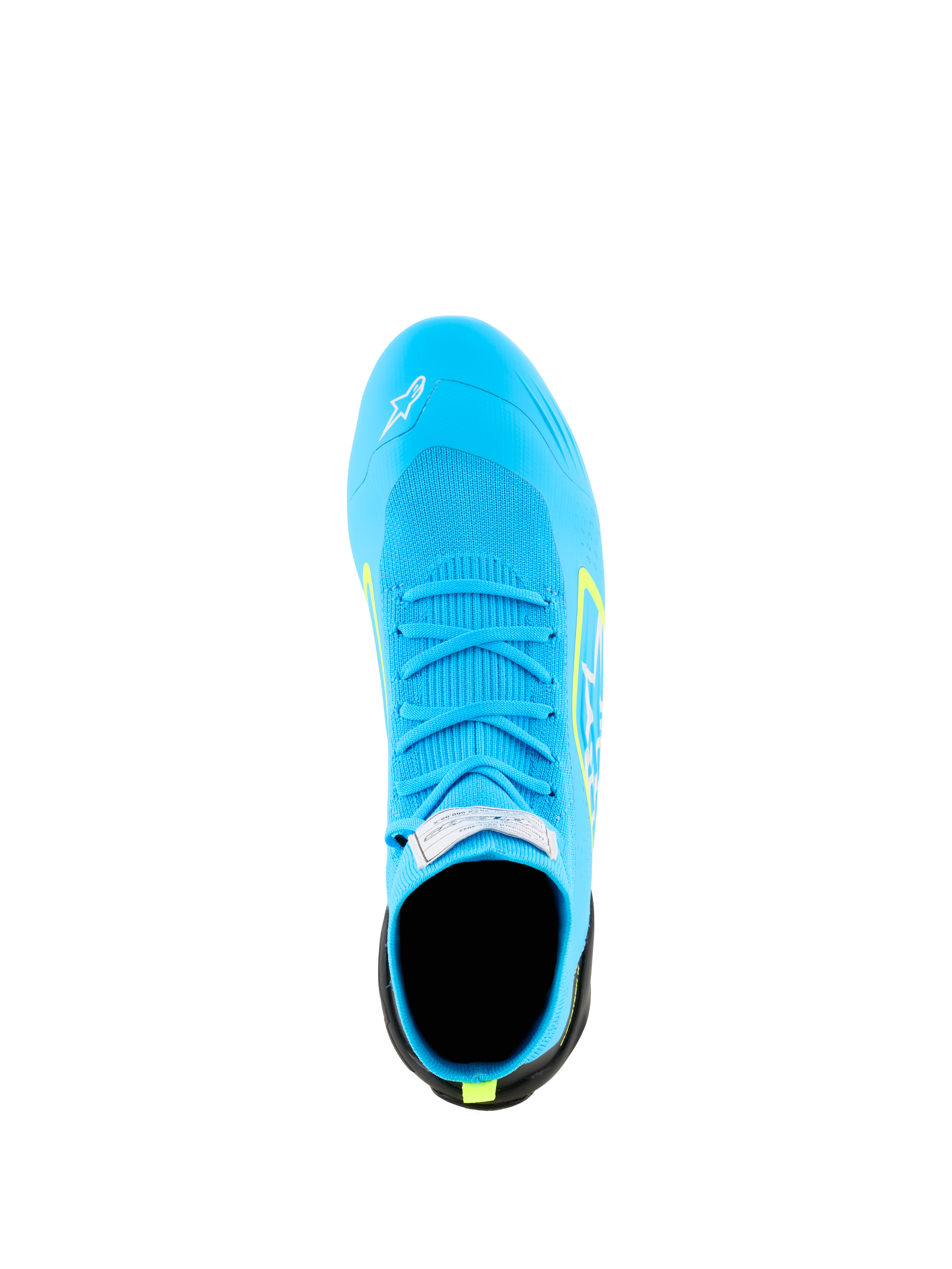 Alpinestars Supertech K Shoes - FIA, scarpe da karting, azzurro con dettagli giallo fluo, vista dall'alto che mostra la tomaia interamente in maglia, lacci blu coordinati ed etichetta di certificazione FIA sulla linguetta