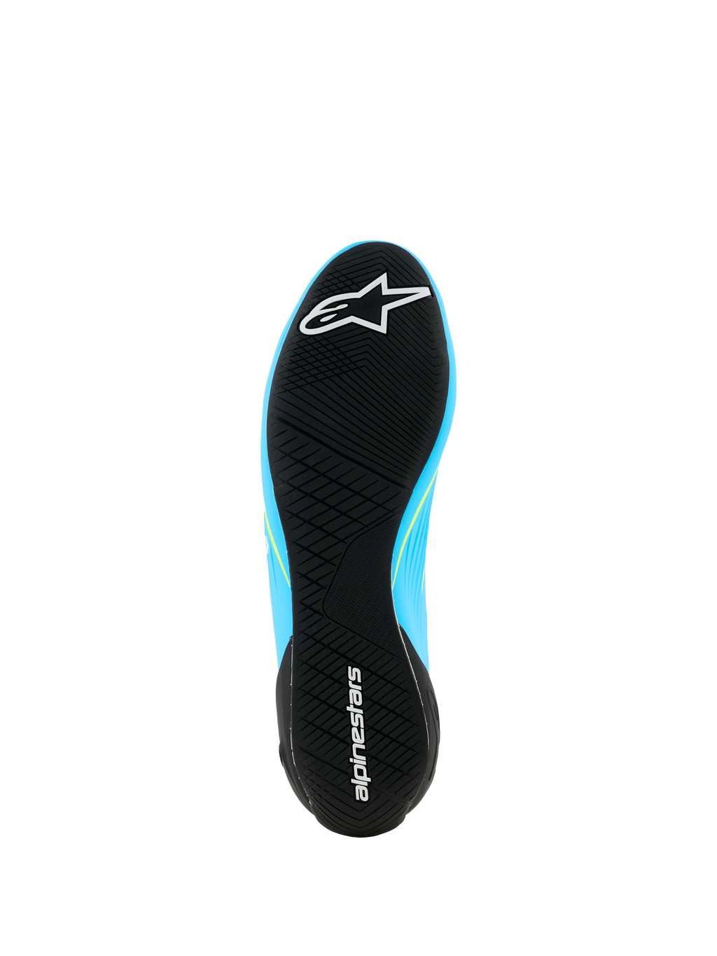 Alpinestars Supertech K Shoes - FIA, scarpe da karting, azzurro e nero con dettagli giallo fluo, vista dal basso della suola in gomma ultra-sottile con battistrada asimmetrico e branding Alpinestars