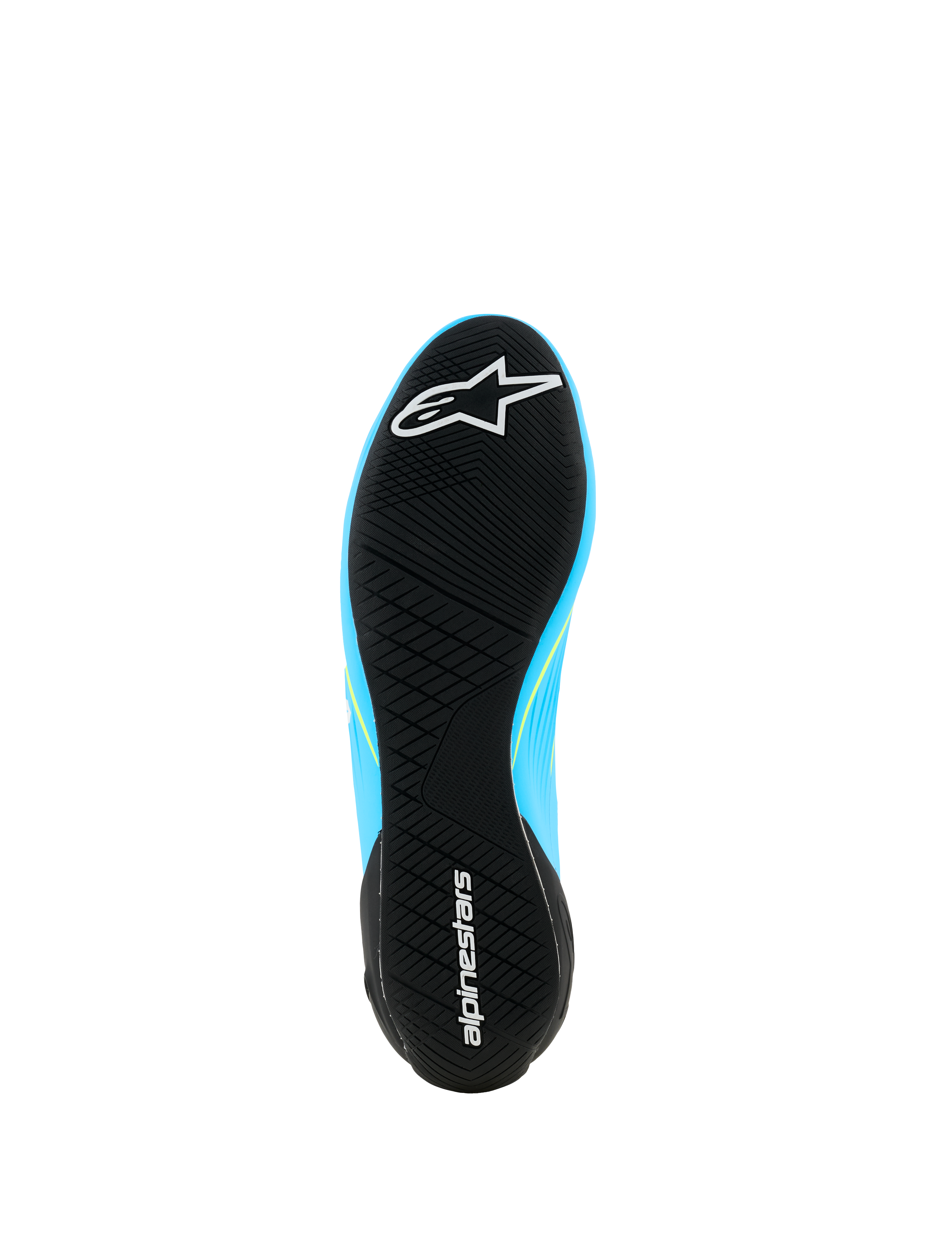 Alpinestars Supertech K Shoes - FIA, scarpe da karting, azzurro e nero con dettagli giallo fluo, vista dal basso della suola in gomma ultra-sottile con battistrada asimmetrico e branding Alpinestars