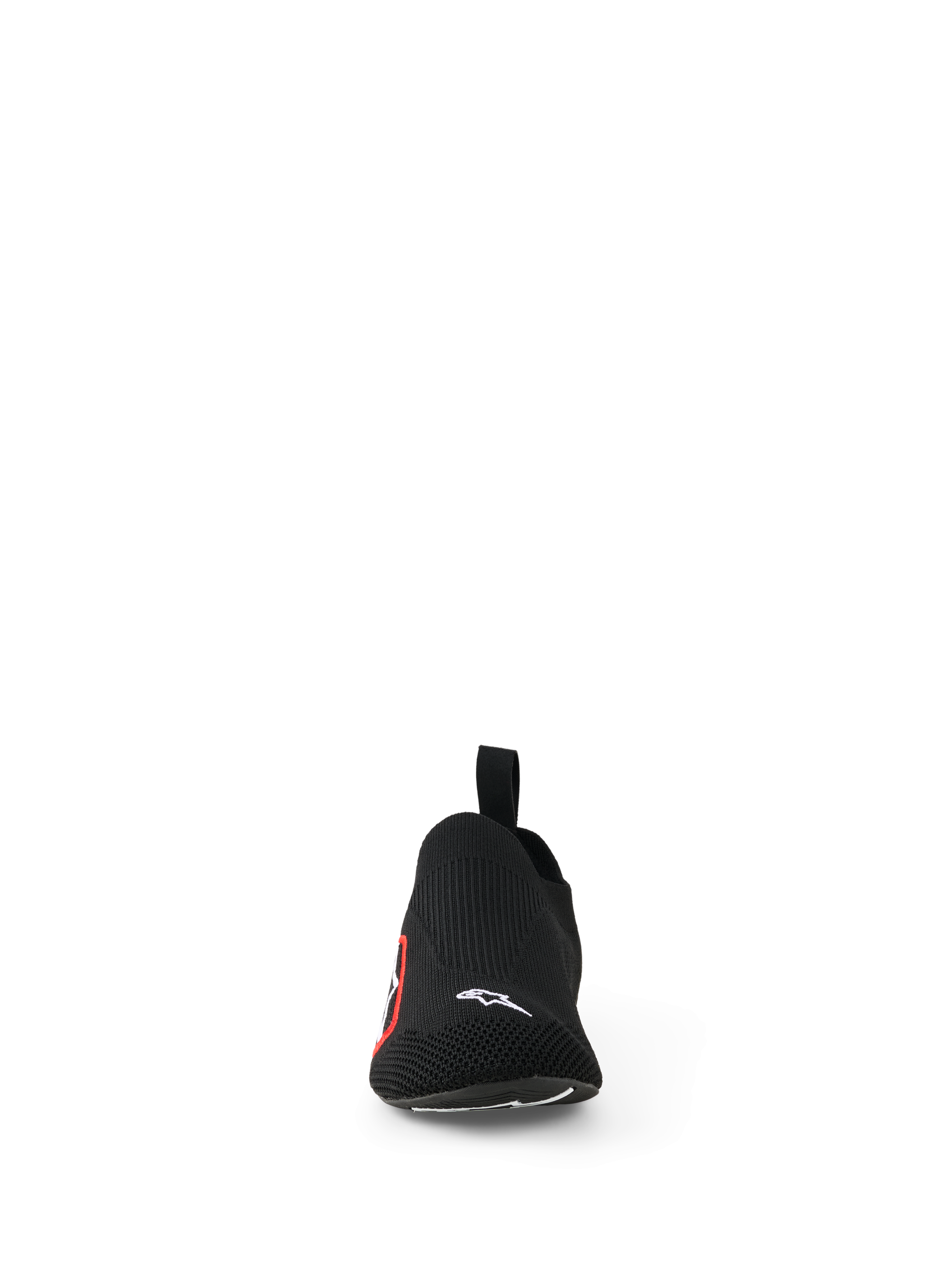 Alpinestars Tech Gaming Shoes, scarpe da sim-racing, nero, vista frontale caratterizzata da una tomaia in maglia elasticizzata senza cuciture, piccolo logo Alpinestars bianco sulla punta, logo laterale rosso e bianco, design leggero per sensibilità sui pedali e comfort