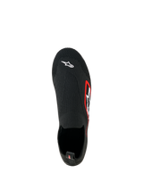 Alpinestars Tech Gaming Shoes, calzature da sim racing, nero, vista dall'alto, tomaia in maglia elasticizzata senza cuciture con logo Astar bianco sulla punta, logo con bordo rosso sul lato, design leggero simile a una calza