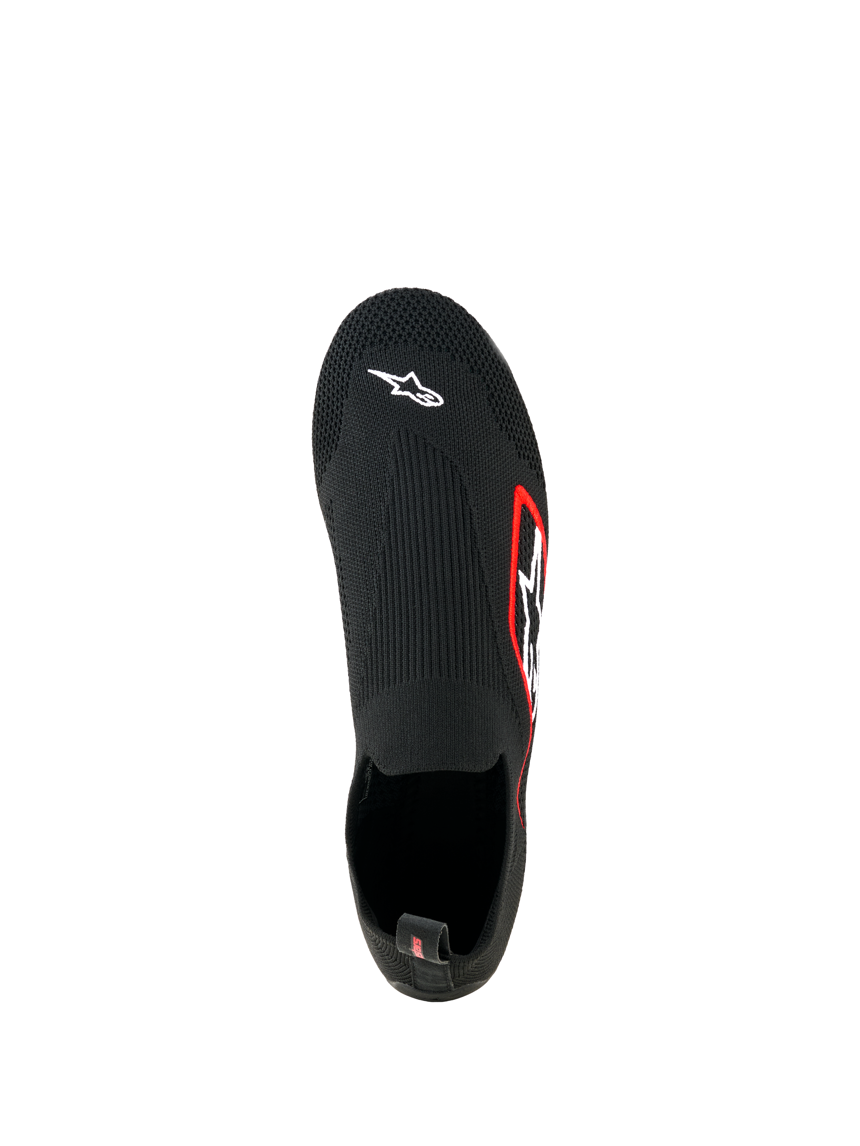 Alpinestars Tech Gaming Shoes, calzature da sim racing, nero, vista dall'alto, tomaia in maglia elasticizzata senza cuciture con logo Astar bianco sulla punta, logo con bordo rosso sul lato, design leggero simile a una calza