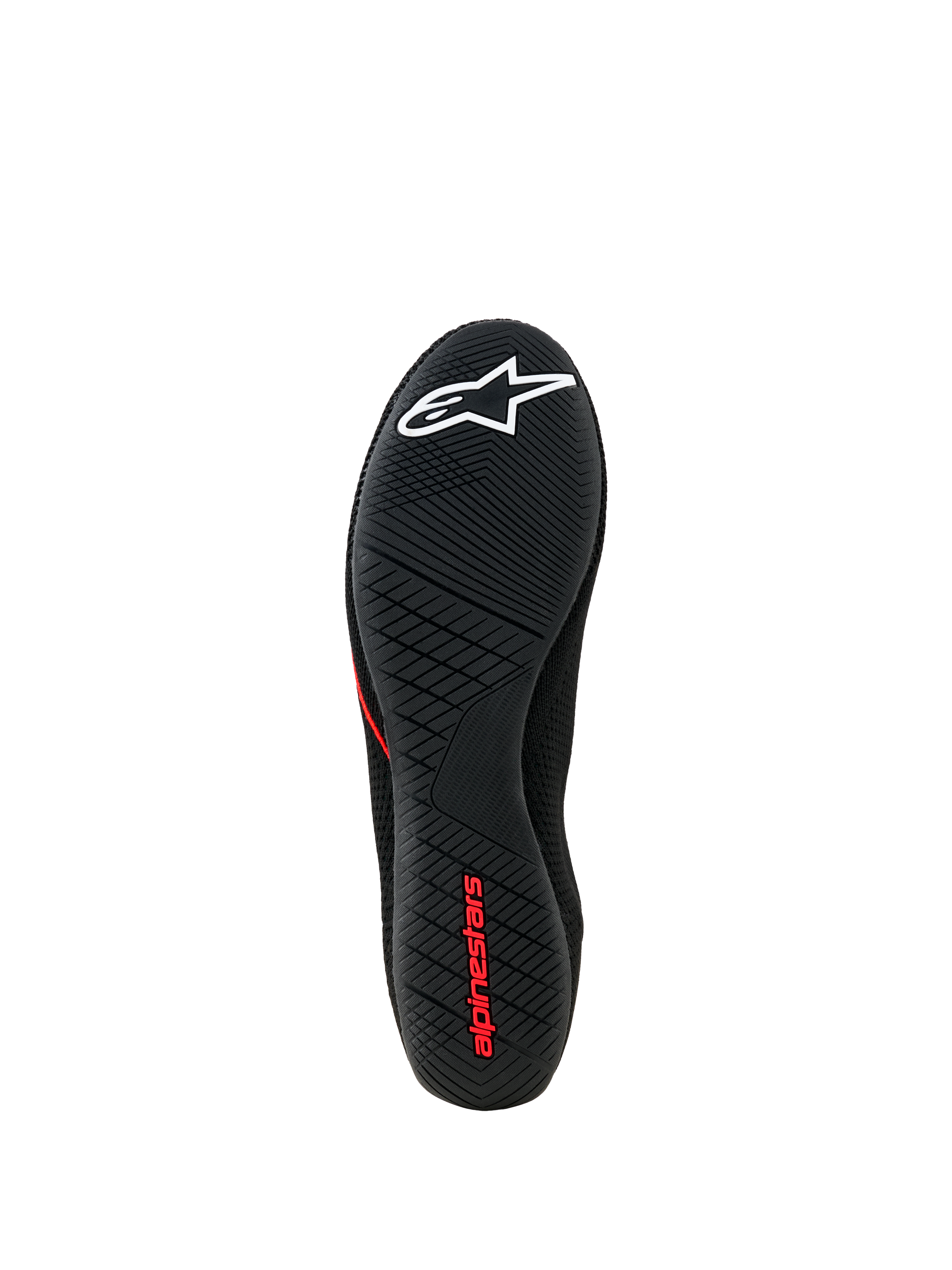 Scarpe Alpinestars Tech Gaming, vista della suola, suola in gomma ultra-sottile nera con motivo testurizzato, logo a stella bianco e marchio Alpinestars rosso, calzatura per SIM-racing