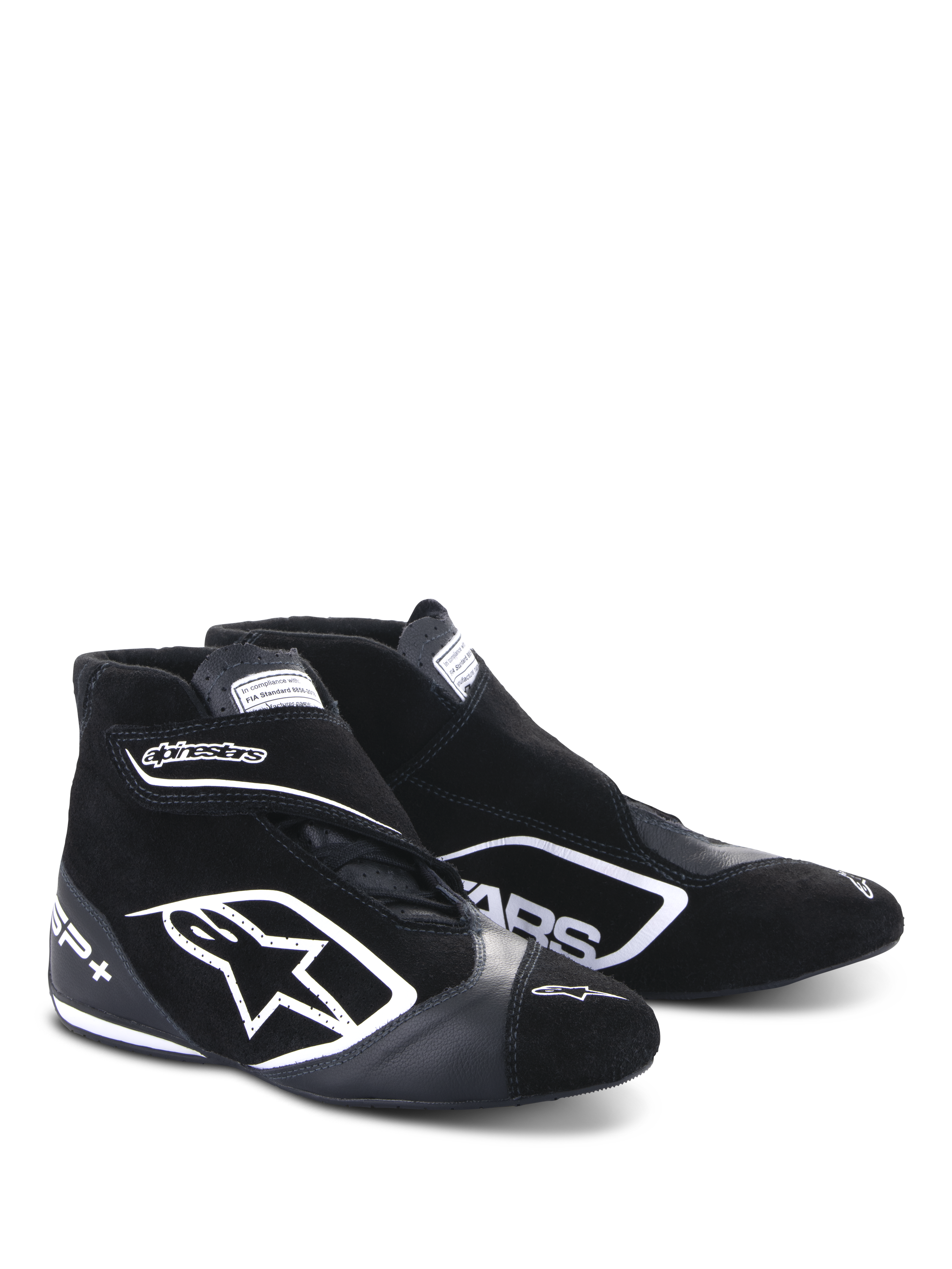 Alpinestars SP+ Shoes N, scarpe da corsa racing, nero e bianco, con grande logo a stella bianco, design a stivaletto alto con chiusura a strappo, costruzione in camoscio e pelle e sottile suola tecnica