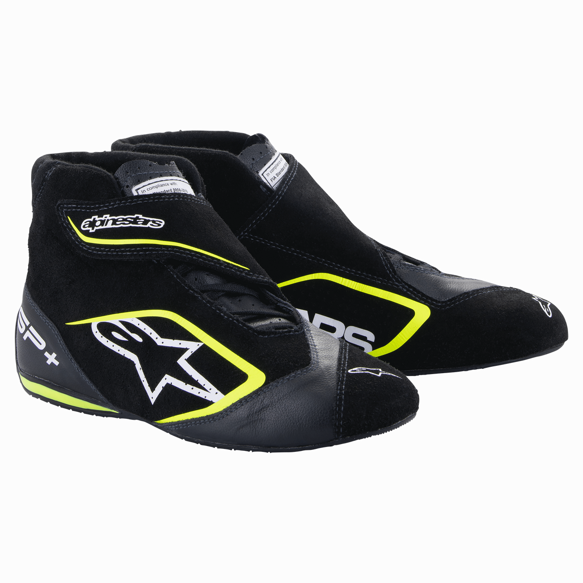Alpinestars SP+ Shoes, scarpe da auto racing, nero e giallo fluo, design high-top con logo a stella bianco e accenti giallo neon, costruzione in pelle e camoscio, suole sottili in gomma ispirate alla F1, estetica motorsport sportiva