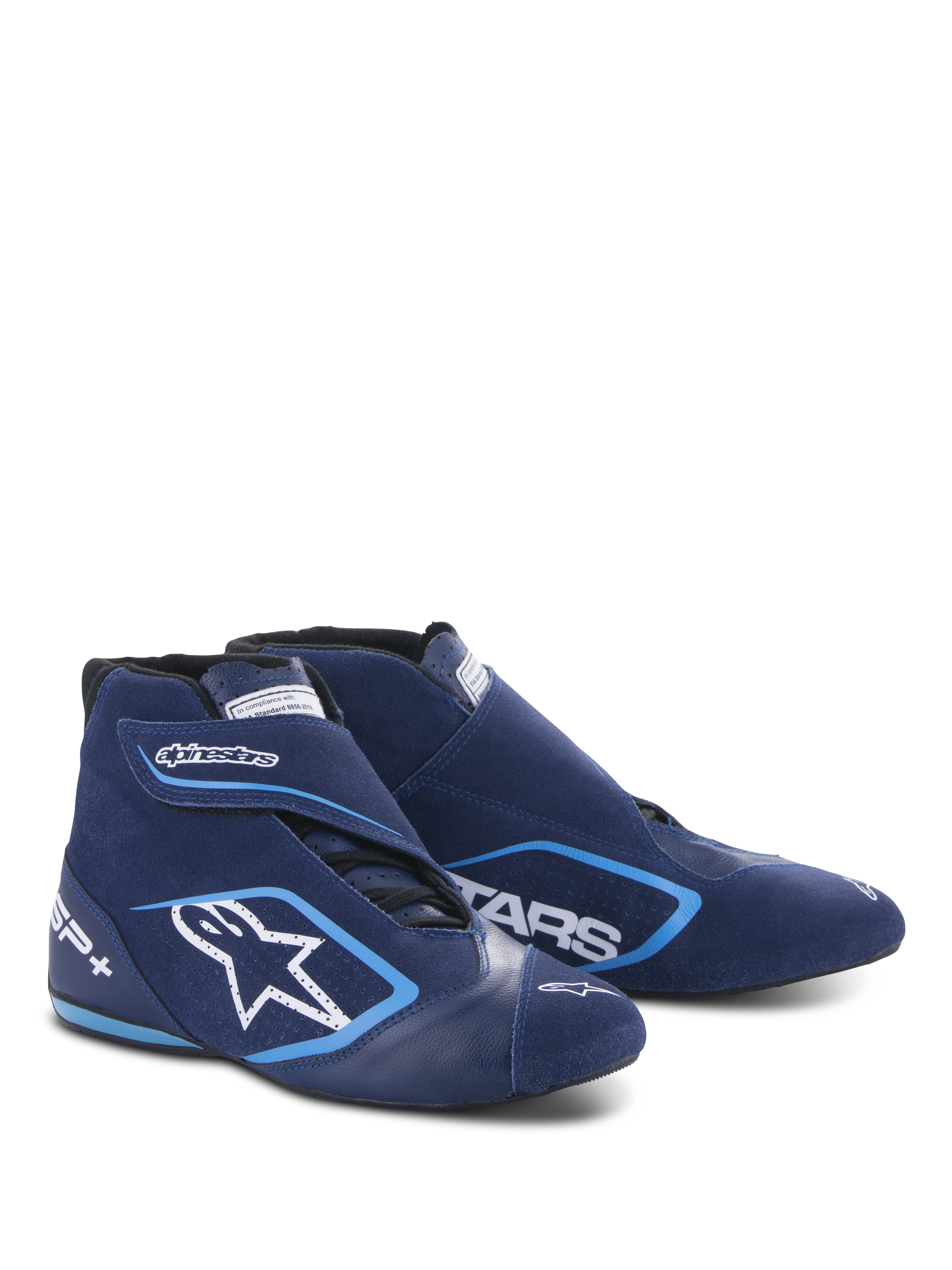 Alpinestars SP+ Shoes N, scarpe da corsa automobilistica, blu oltremare e blu chiaro, design high-top con costruzione in pelle e camoscio, grande logo a stella bianco e marchio SP+, forma aerodinamica per il motorsport professionale