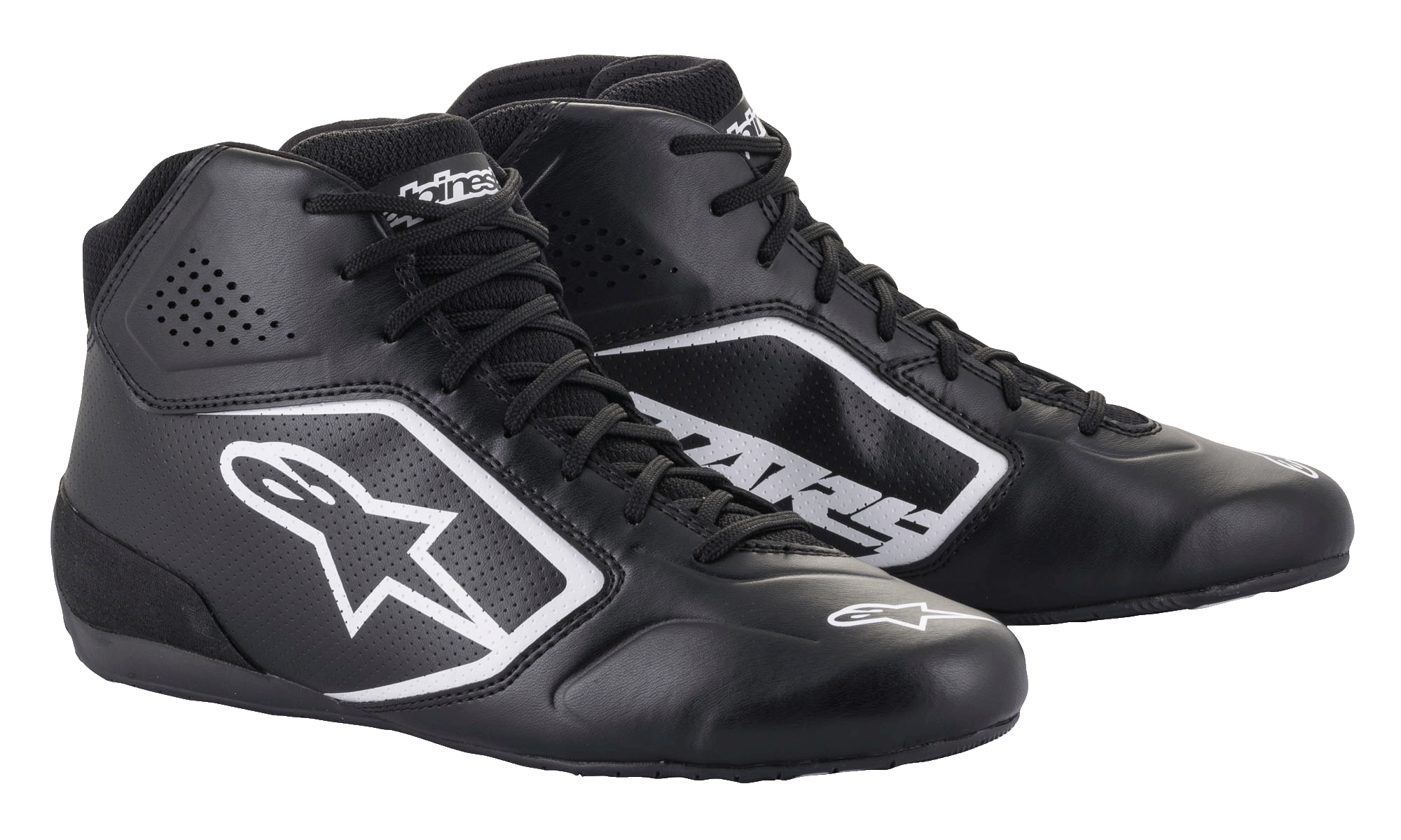 Scarpe Alpinestars Tech-1 K Start V2, scarpe da karting, nero con logo Alpinestars bianco, design a collo alto con pannelli in microfibra traforata e suole piatte da corsa, look aerodinamico ispirato al motorsport