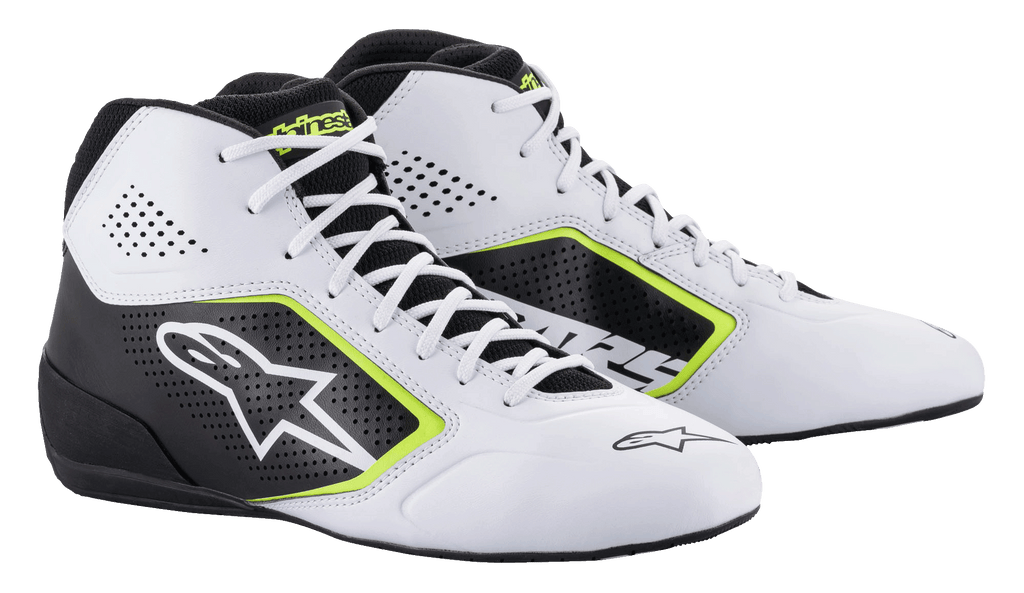 Scarpe Alpinestars Tech-1 K Start V2, scarpe da kart, bianco, nero e giallo fluo, con pannelli laterali traforati, grande logo a stella bianco e accenti giallo fluo, calzature professionali per motorsport