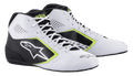 Scarpe Alpinestars Tech-1 K Start V2, scarpe da kart, bianco, nero e giallo fluo, con pannelli laterali traforati, grande logo a stella bianco e accenti giallo fluo, calzature professionali per motorsport