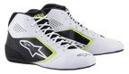 Scarpe Alpinestars Tech-1 K Start V2, scarpe da kart, bianco, nero e giallo fluo, con pannelli laterali traforati, grande logo a stella bianco e accenti giallo fluo, calzature professionali per motorsport