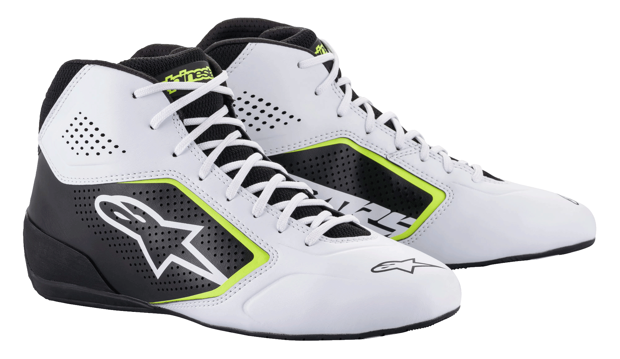 Scarpe Alpinestars Tech-1 K Start V2, scarpe da kart, bianco, nero e giallo fluo, con pannelli laterali traforati, grande logo a stella bianco e accenti giallo fluo, calzature professionali per motorsport