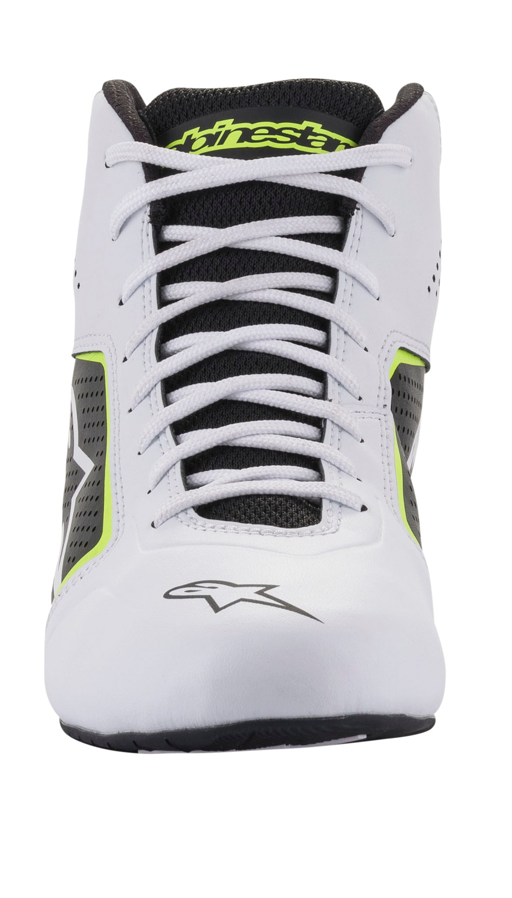 Scarpe Alpinestars Tech-1 K Start V2, scarpe da kart, bianco, nero e giallo fluo, vista frontale con lacci bianchi, linguetta in mesh nera con logo giallo e struttura in microfibra bianca con pannelli laterali traforati.