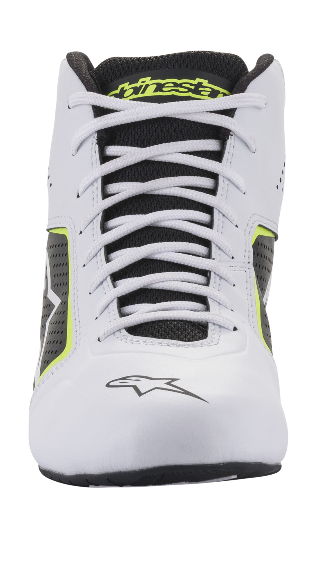 Scarpe Alpinestars Tech-1 K Start V2, scarpe da kart, bianco, nero e giallo fluo, vista frontale con lacci bianchi, linguetta in mesh nera con logo giallo e struttura in microfibra bianca con pannelli laterali traforati.
