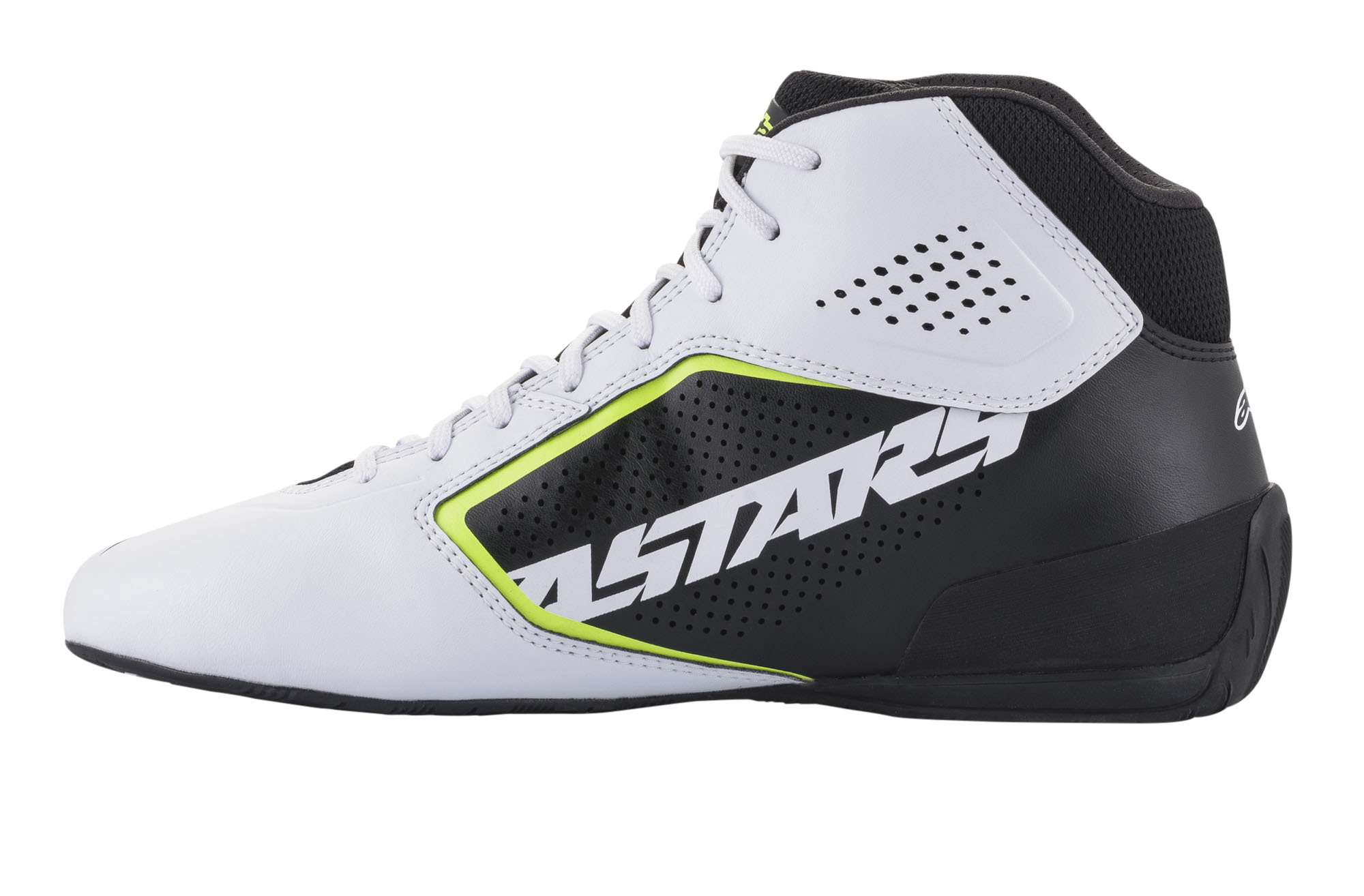 Scarpe Alpinestars Tech-1 K Start V2, scarpe da karting, bianco, nero e giallo fluo, vista laterale con tomaia in microfibra bianca traforata, pannello laterale nero con vistoso marchio ASTARS, dettagli giallo neon e suola nera affusolata.