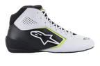 Scarpe Alpinestars Tech-1 K Start V2, scarpe da karting, bianco nero e giallo fluo, profilo laterale con pannelli in microfibra traforata, logo Alpinestars bianco con bordo giallo fluorescente, elegante design motorsport per il karting