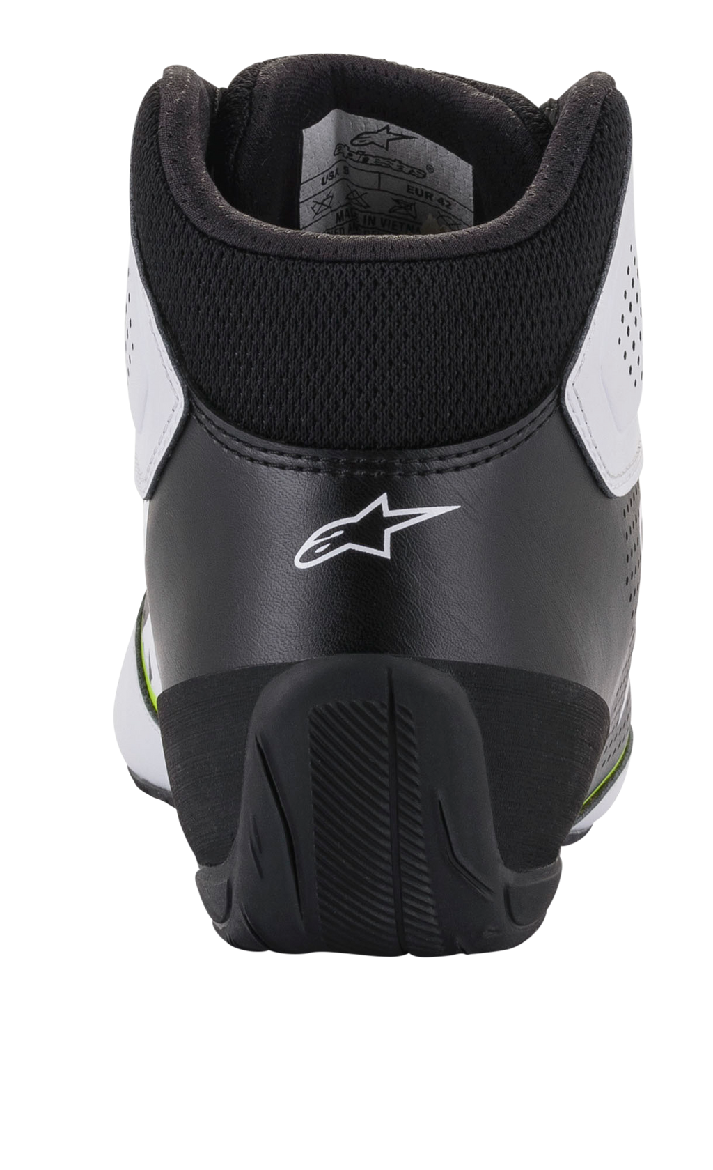 Scarpe Alpinestars Tech-1 K Start V2, scarpe da karting, bianco, nero e giallo fluo, vista posteriore che mostra il contrafforte ergonomico nero con logo a stella bianco, il collare imbottito e la suola in gomma resistente per prestazioni nel motorsport