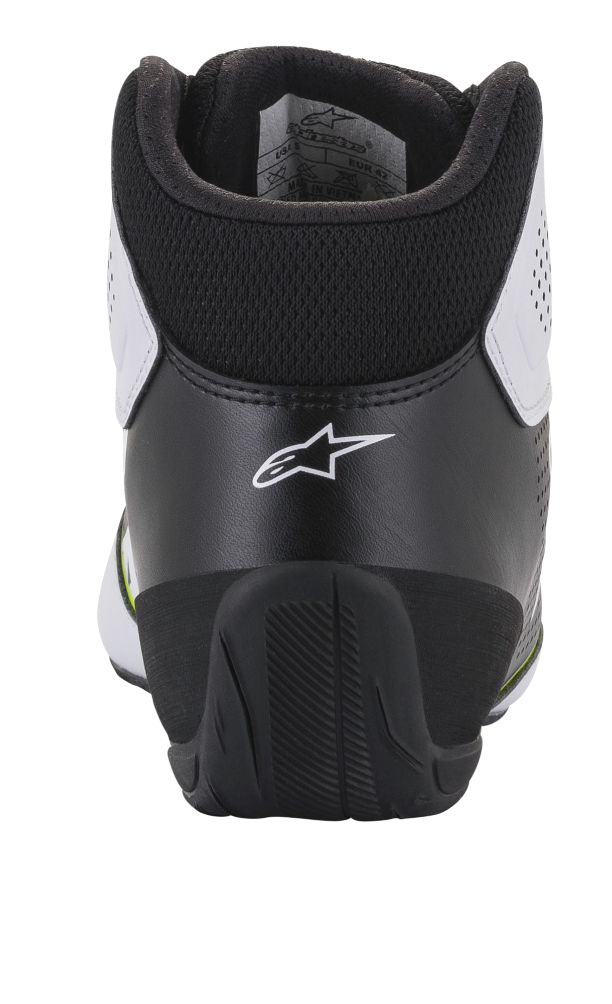 Scarpe Alpinestars Tech-1 K Start V2, scarpe da karting, bianco, nero e giallo fluo, vista posteriore che mostra il contrafforte ergonomico nero con logo a stella bianco, il collare imbottito e la suola in gomma resistente per prestazioni nel motorsport
