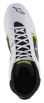 Scarpe Alpinestars Tech-1 K Start V2, scarpe da kart, bianco nero e giallo fluo, vista dall'alto che mostra la tomaia in microfibra bianca, lacci bianchi e interno in mesh nero con logo giallo