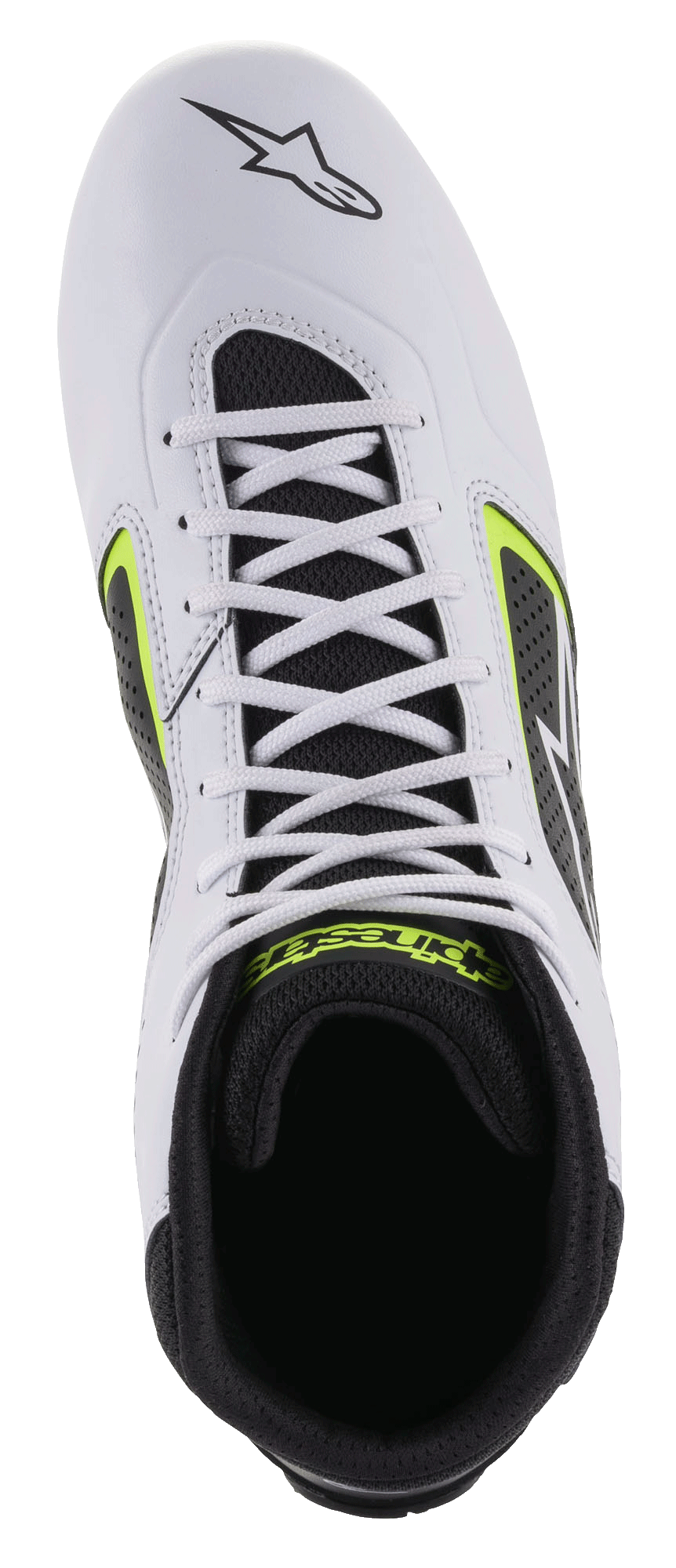Scarpe Alpinestars Tech-1 K Start V2, scarpe da kart, bianco nero e giallo fluo, vista dall'alto che mostra la tomaia in microfibra bianca, lacci bianchi e interno in mesh nero con logo giallo
