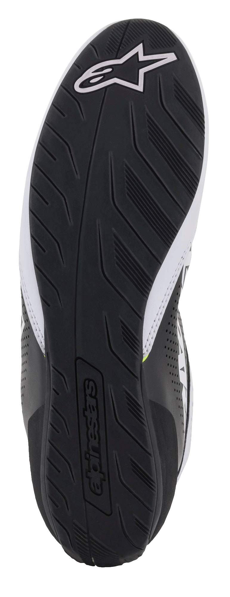 Alpinestars Tech-1 K Start V2 Shoes, vista della suola in gomma nera, trama del battistrada testurizzata per il grip, con logo Alpinestars bianco e marchio a rilievo, calzature da karting