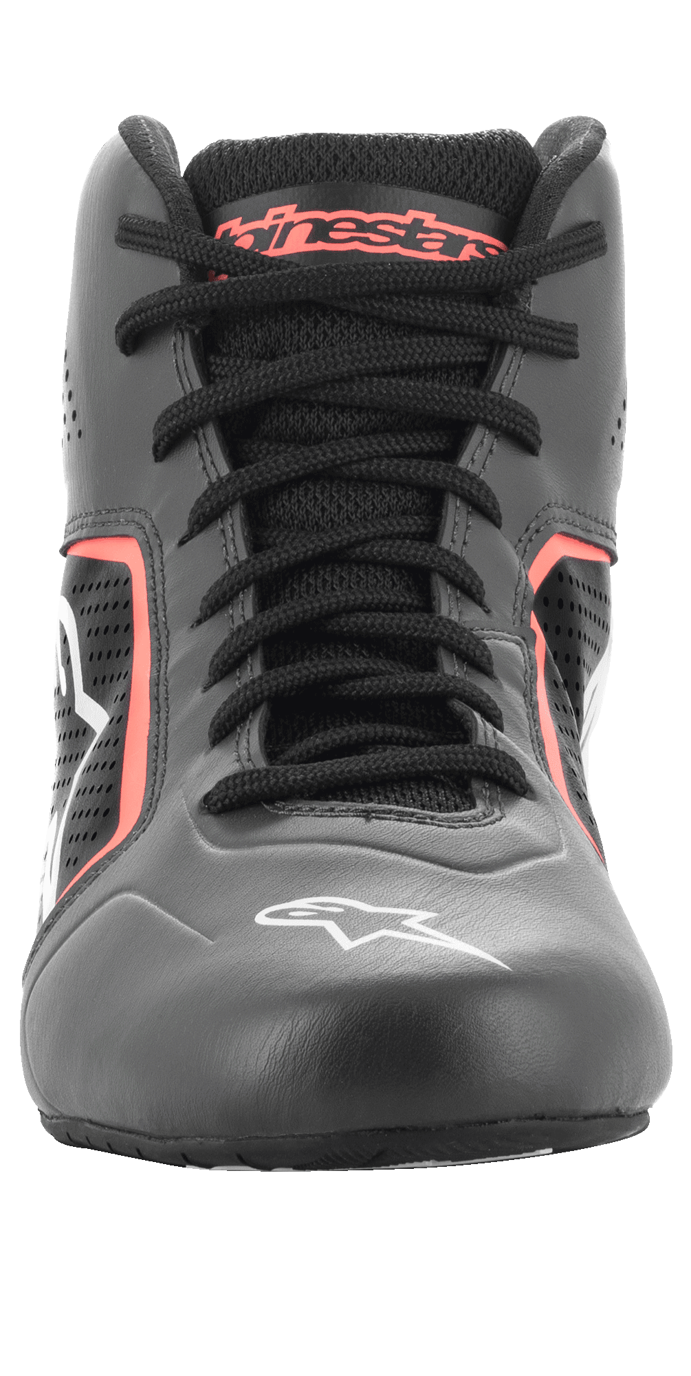 Scarpe Alpinestars Tech-1 K Start V2, scarpe da karting, Asphalt Black e Arancione Fluo, vista frontale che mostra lacci neri, marchio Alpinestars arancione sulla linguetta, logo a stella bianco sulla punta e pannelli in microfibra traforata