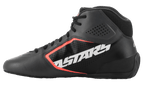 Scarpe Alpinestars Tech-1 K Start V2, scarpe da karting, nero asfalto e arancione fluo, profilo laterale con grande logo ASTARS bianco, tomaia in microfibra traforata con accenti arancione fluo, design motorsport aerodinamico