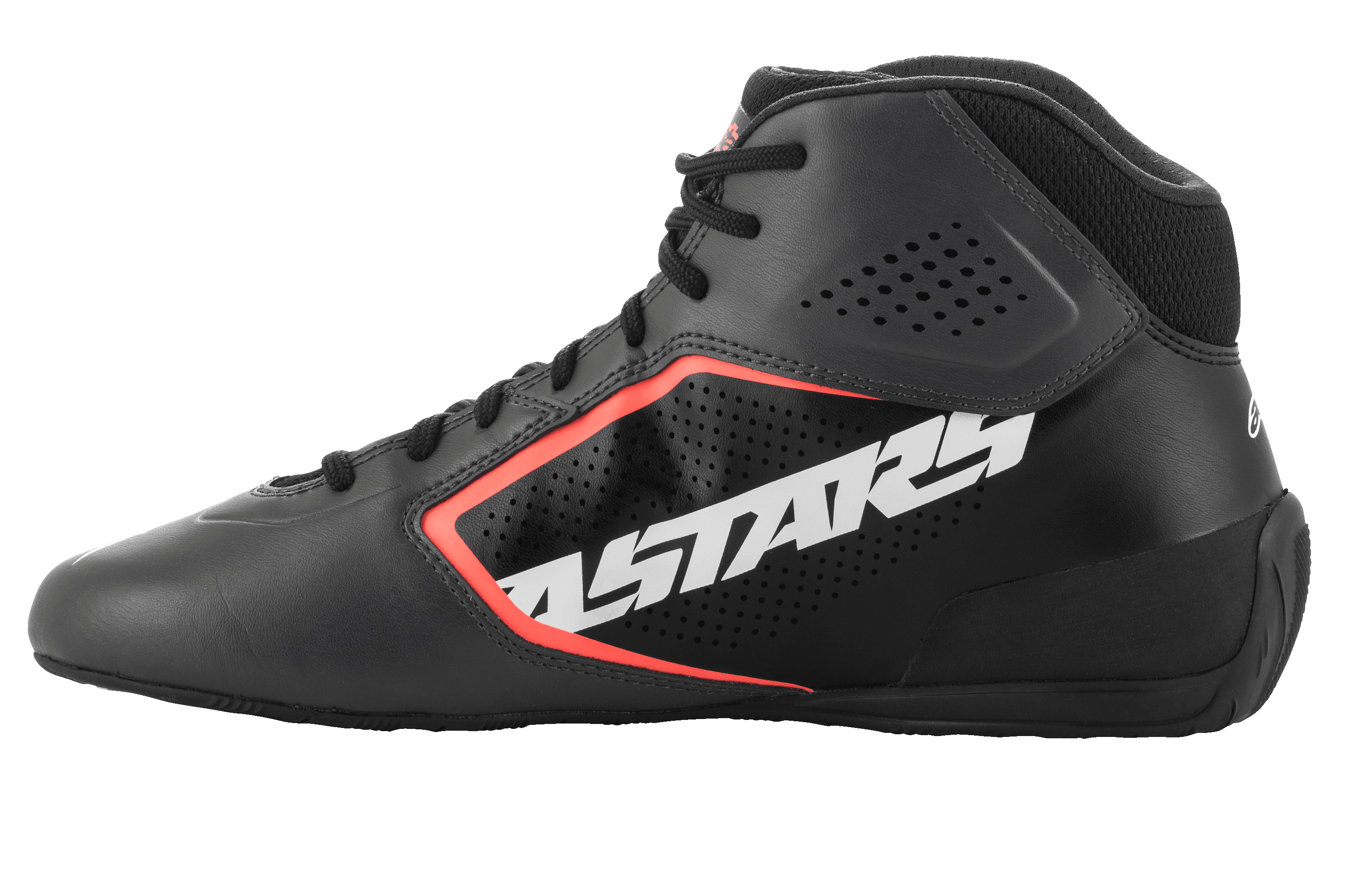 Scarpe Alpinestars Tech-1 K Start V2, scarpe da karting, nero asfalto e arancione fluo, profilo laterale con grande logo ASTARS bianco, tomaia in microfibra traforata con accenti arancione fluo, design motorsport aerodinamico