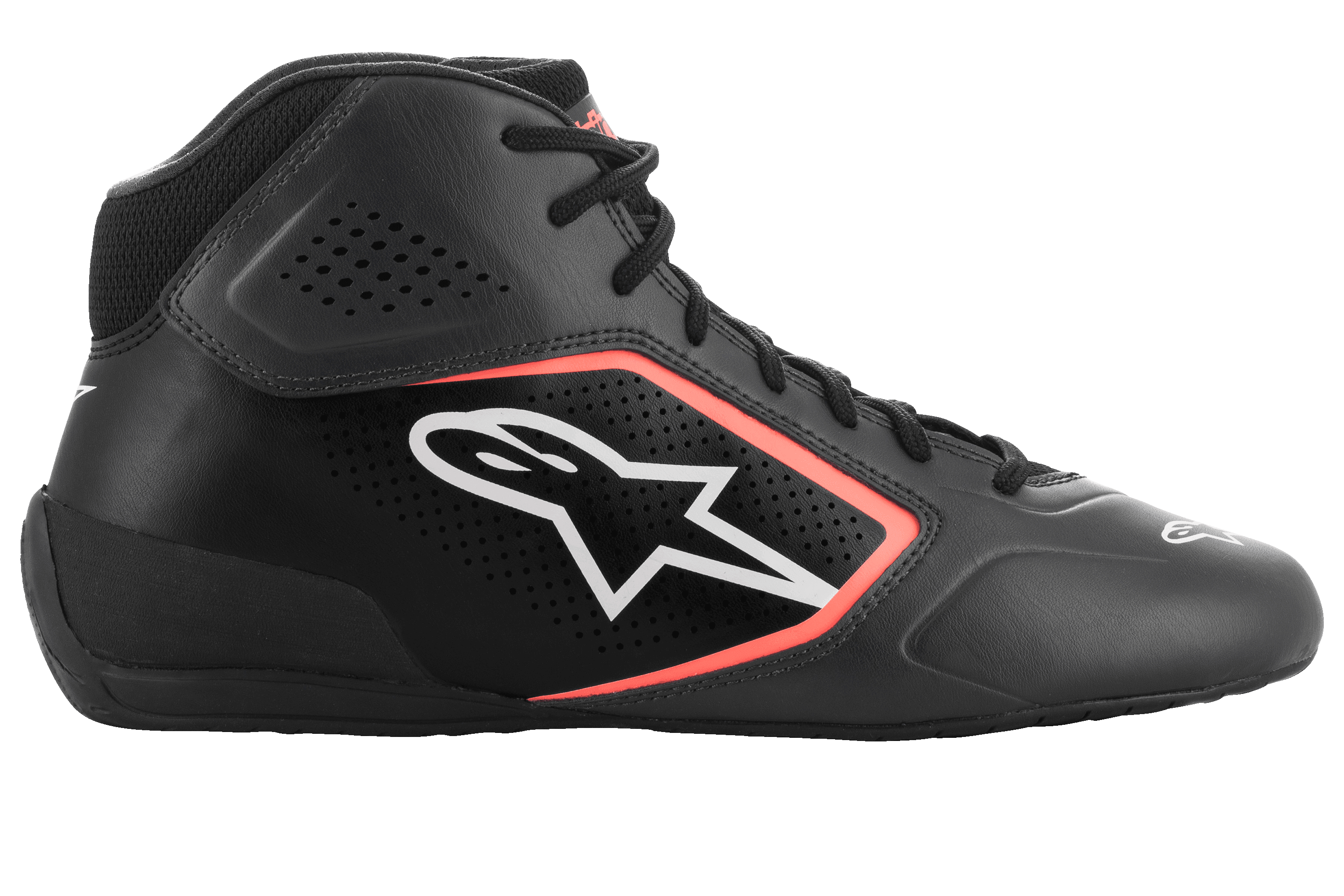 Scarpe Alpinestars Tech-1 K Start V2, scarpe da karting, Asphalt Black e Arancione Fluo, profilo laterale con tomaia in microfibra con perforazioni laser, logo Alpinestars bianco con contorno arancione e lacci neri