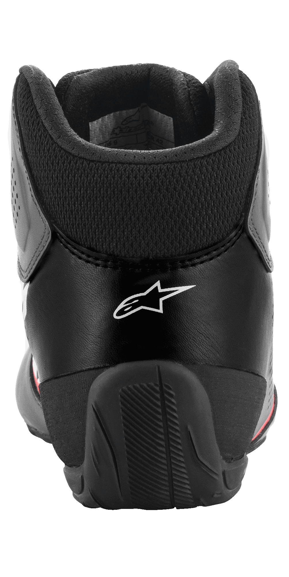Scarpe Alpinestars Tech-1 K Start V2, scarpe da karting, Asphalt Black Orange Fluo, vista posteriore con logo Alpinestars bianco, colletto in mesh sul tendine d'Achille e contrafforte del tallone in gomma rinforzata per la stabilità.