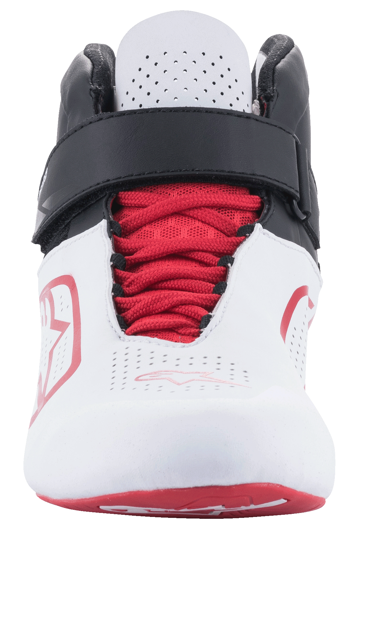 Scarpe Alpinestars Tech-1 K V2, scarpe da karting, bianco, nero e rosso, vista frontale con lacci rossi e cinturino regolabile a strappo nero, linguetta bianca traforata per il flusso d'aria, design elegante e traspirante per le corse.