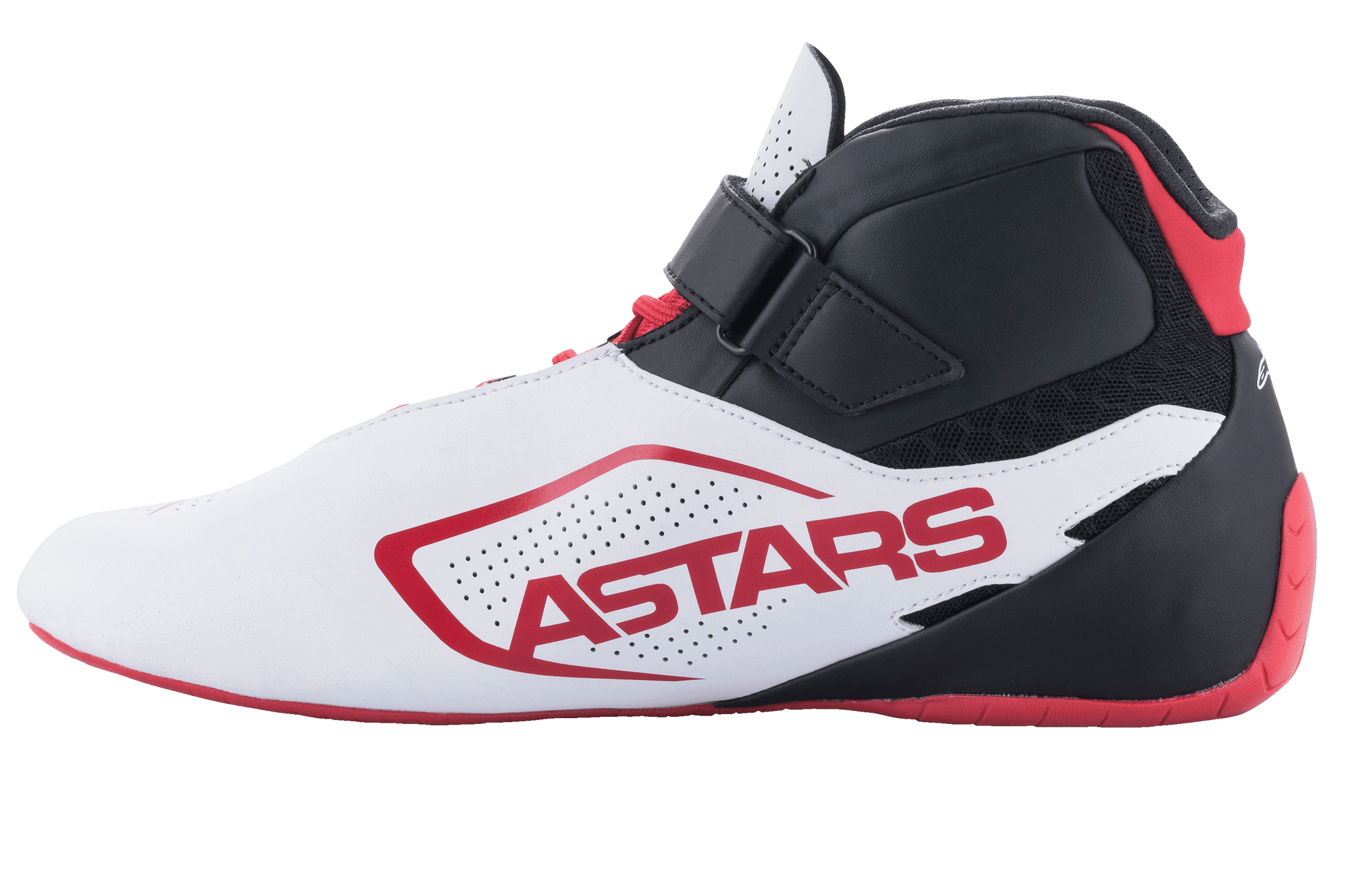 Scarpe Alpinestars Tech-1 K V2, scarpe da kart, bianco, nero e rosso, vista laterale con marchio ASTARS rosso su pannello bianco traforato, tomaia nera con cinturino a strappo e lacci rossi, suola rossa sottile per una guida di precisione