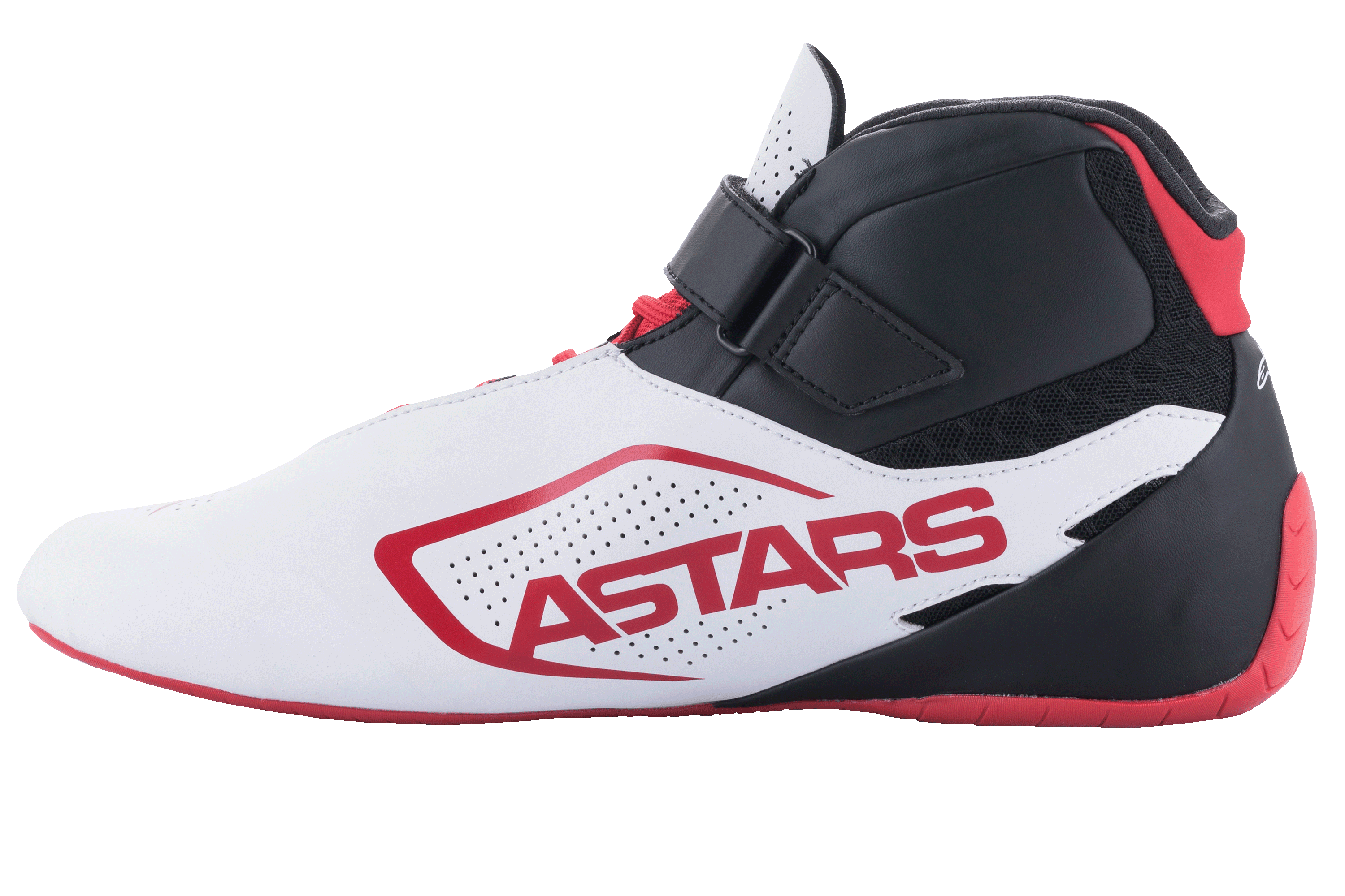 Scarpe Alpinestars Tech-1 K V2, scarpe da kart, bianco, nero e rosso, vista laterale con marchio ASTARS rosso su pannello bianco traforato, tomaia nera con cinturino a strappo e lacci rossi, suola rossa sottile per una guida di precisione