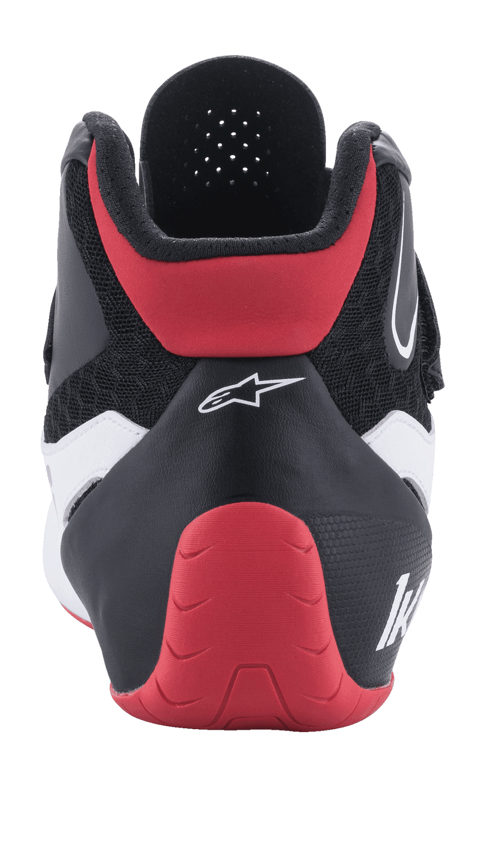 Scarpe Alpinestars Tech-1 K V2, calzature da karting, rosso, nero e bianco, vista posteriore, con protezione del tallone rossa, tomaia in tessuto nero con dettagli bianchi e marchio Alpinestars bianco.