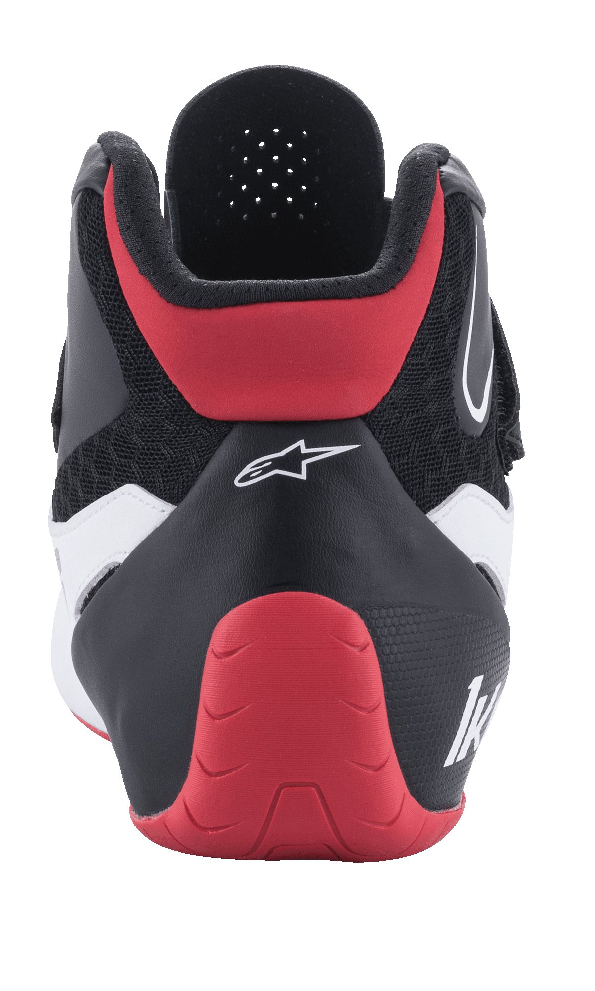 Scarpe Alpinestars Tech-1 K V2, calzature da karting, rosso, nero e bianco, vista posteriore, con protezione del tallone rossa, tomaia in tessuto nero con dettagli bianchi e marchio Alpinestars bianco.