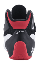 Scarpe Alpinestars Tech-1 K V2, calzature da karting, rosso, nero e bianco, vista posteriore, con protezione del tallone rossa, tomaia in tessuto nero con dettagli bianchi e marchio Alpinestars bianco.