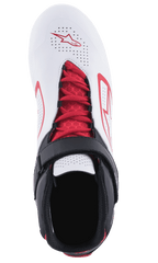 Scarpe Alpinestars Tech-1 K V2, scarpe da kart, bianco, nero e rosso, vista dall'alto con lacci rossi e cinturino a strappo nero, tomaia bianca traforata con loghi Alpinestars rossi, progettate per traspirabilità e supporto