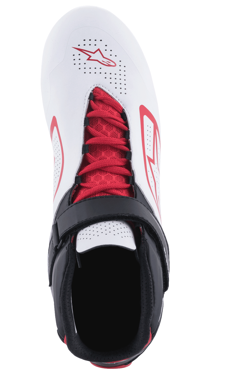 Scarpe Alpinestars Tech-1 K V2, scarpe da kart, bianco, nero e rosso, vista dall'alto con lacci rossi e cinturino a strappo nero, tomaia bianca traforata con loghi Alpinestars rossi, progettate per traspirabilità e supporto