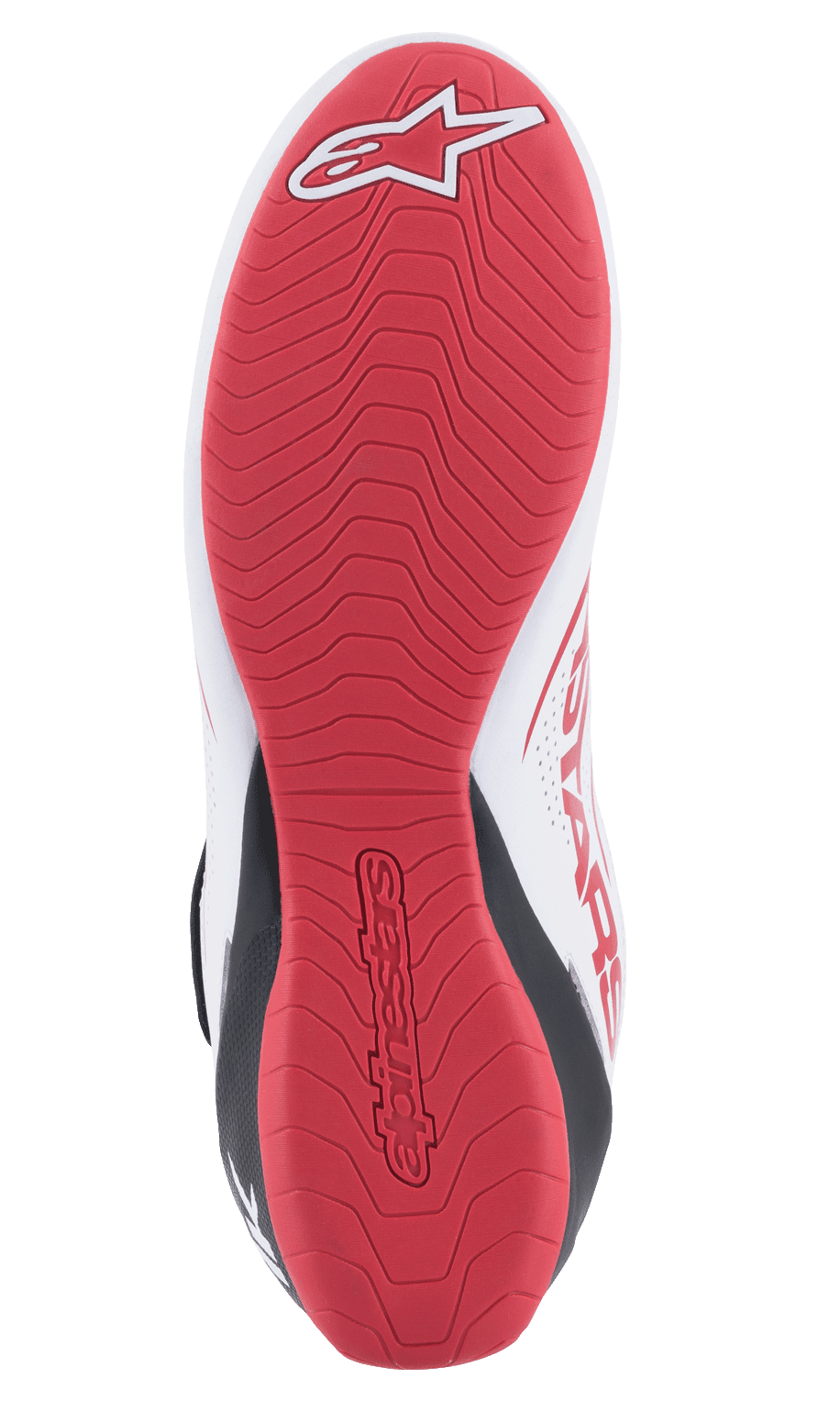 Scarpe Alpinestars Tech-1 K V2, scarpe da karting, bianco, nero e rosso, vista dettagliata dal basso della suola in gomma testurizzata rossa con logo Alpinestars e marchio in rilievo, progettata per la massima aderenza e sensibilità tattile