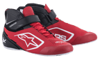 Alpinestars Tech-1 K V2 Scarpe da Karting, rosso, nero e bianco, calzature da corsa mid-cut con lacci rossi e cinturino alla caviglia nero in velcro, tomaia in microfibra traforata con loghi Alpinestars bianchi, design ergonomico per karting professionale