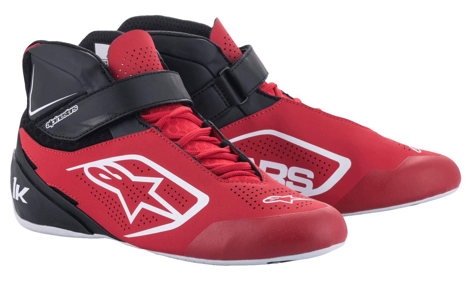 Alpinestars Tech-1 K V2 Scarpe da Karting, rosso, nero e bianco, calzature da corsa mid-cut con lacci rossi e cinturino alla caviglia nero in velcro, tomaia in microfibra traforata con loghi Alpinestars bianchi, design ergonomico per karting professionale