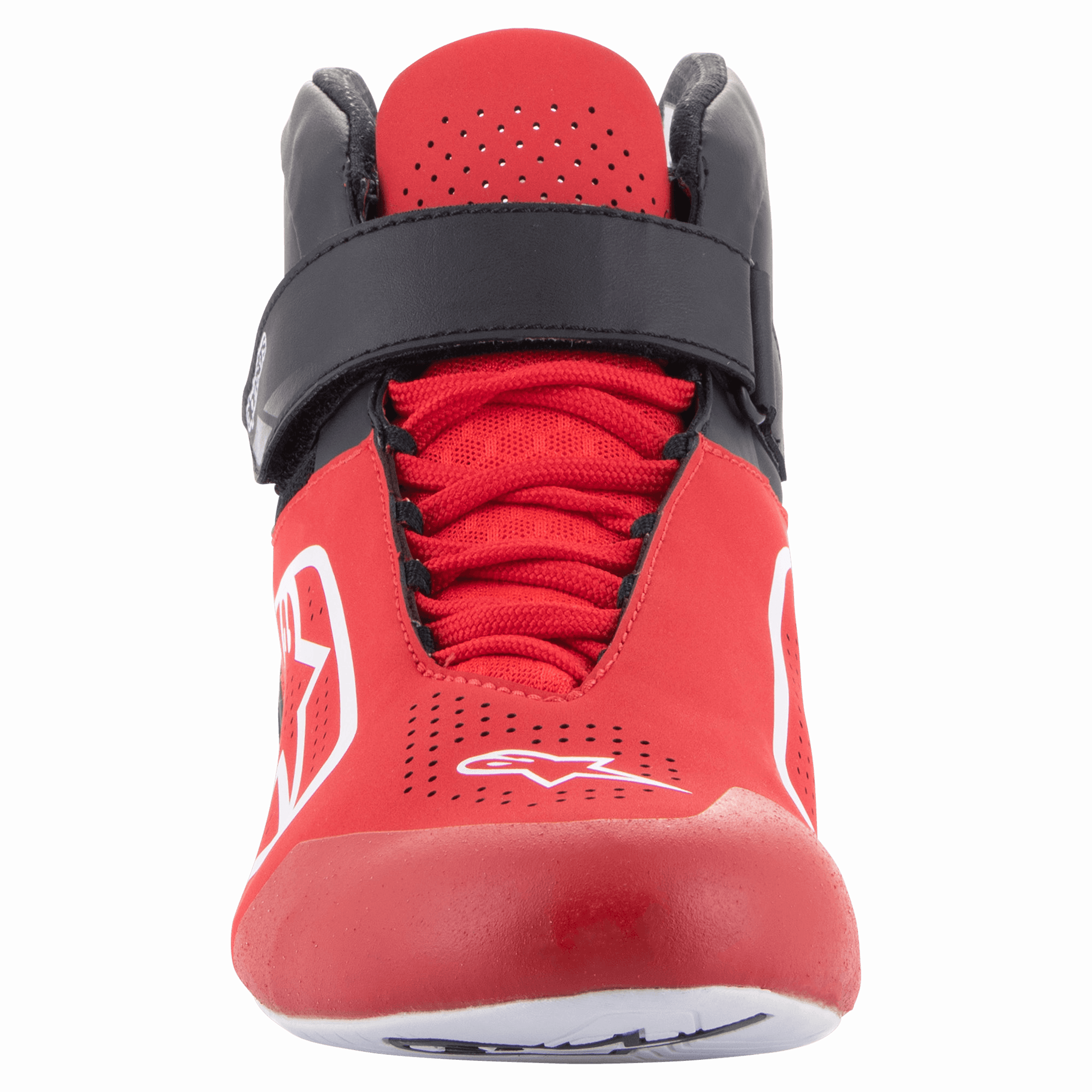 Alpinestars Tech-1 K V2 Shoes, scarpe da karting, rosso, nero e bianco, vista frontale con cinturino a strappo nero sulla caviglia e lacci rossi, tomaia rossa traforata con loghi Astars bianchi, design ergonomico per corse di kart