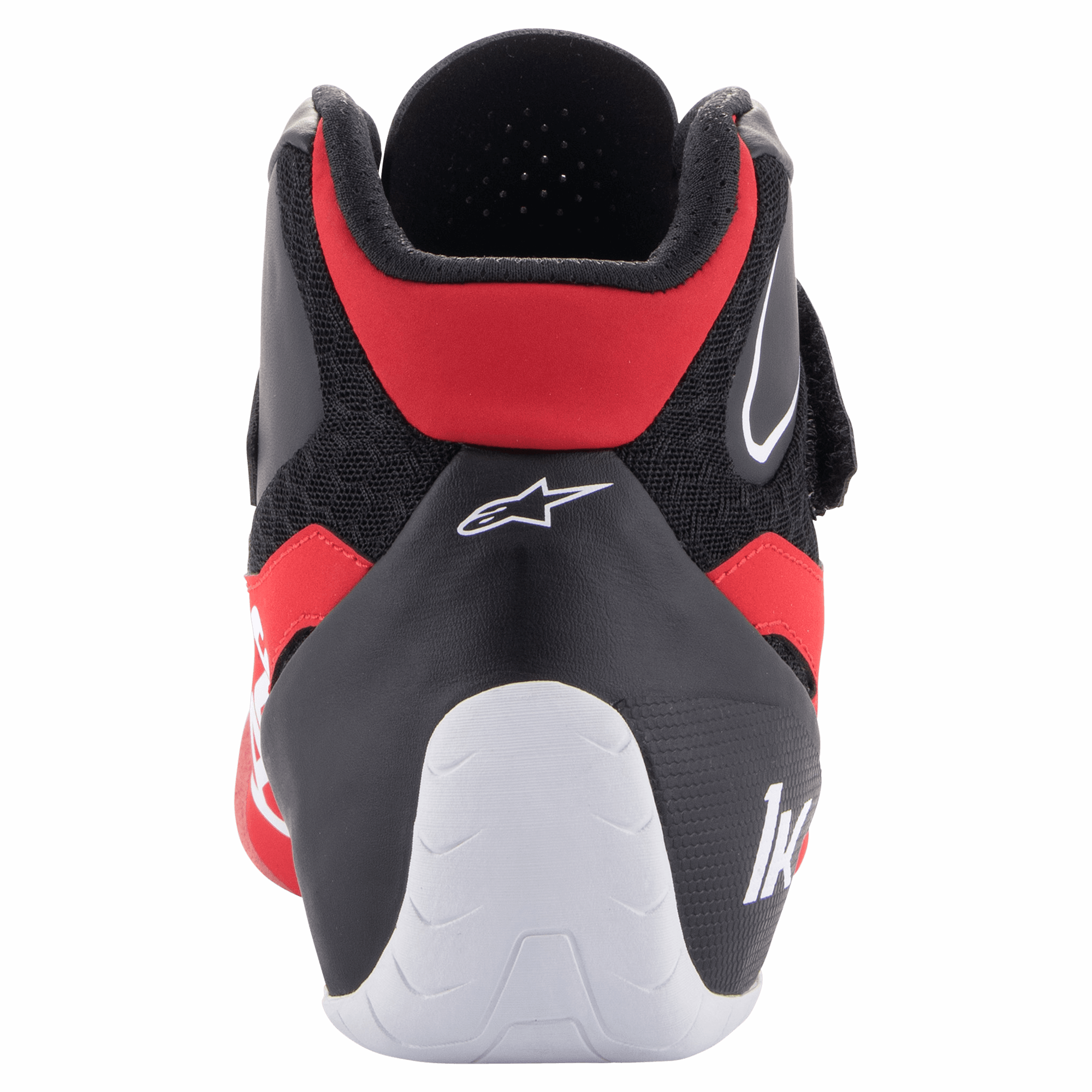Scarpe Alpinestars Tech-1 K V2, scarpe da karting, rosso, nero e bianco, vista posteriore che mostra il colletto d'Achille a taglio basso, tallone bianco con logo "1K" e logo a stella Alpinestars sulla tomaia nera
