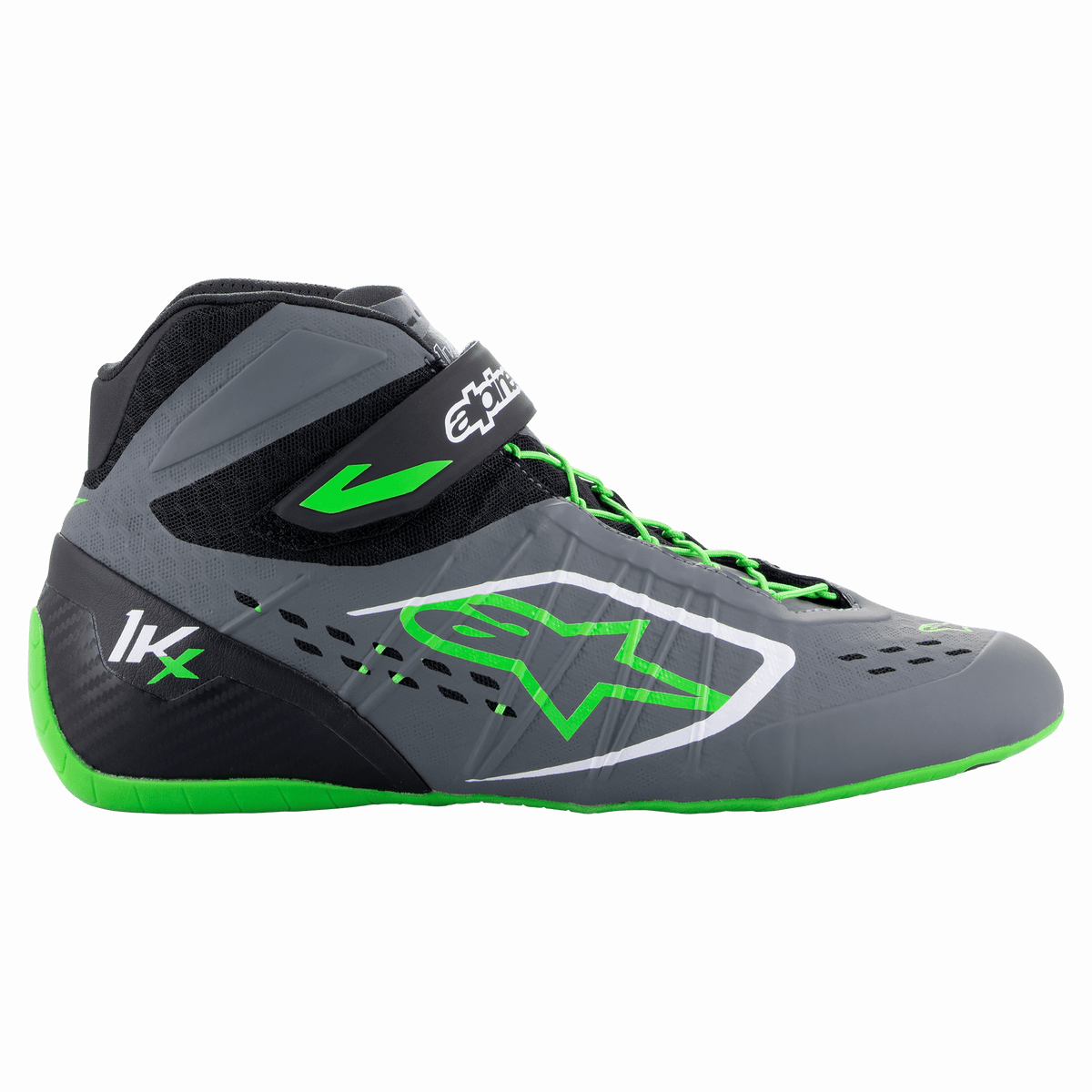 Alpinestars Tech-1 KX V2, scarpe da karting, grigie e nere con dettagli verdi, suola verde fluo, logo stella verde, certificazione 1K, design aerodinamico con mesh traspirante