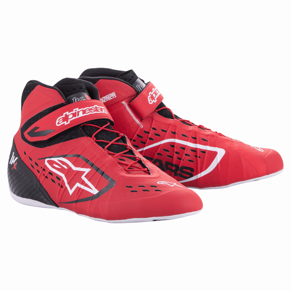 Alpinestars Tech-1 KX V2 Shoes, scarpe da karting, rosso, nero e bianco, design alto con cinturini in velcro, suola bianca, struttura traforata traspirante, calzature professionali per motorsport