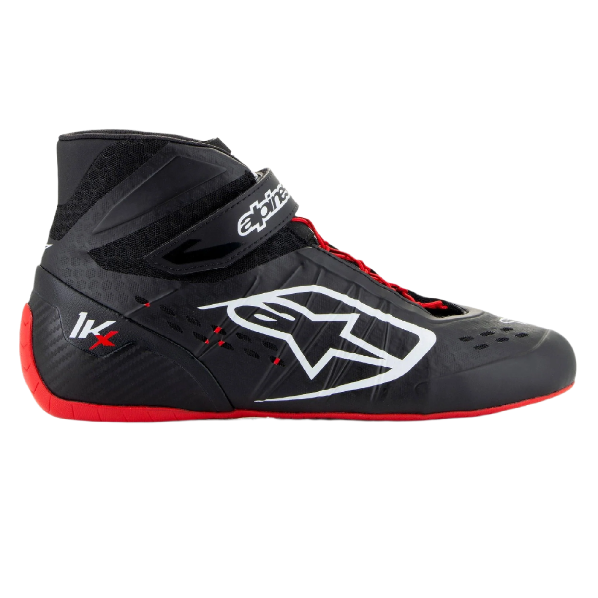 Alpinestars Tech-1 KX V3 Shoes, scarpe da corsa karting, nero, bianco e rosso, profilo laterale con costruzione termosaldata senza cuciture, grande logo bianco laterale, design alto con cinturino in velcro e sottile suola in gomma rossa